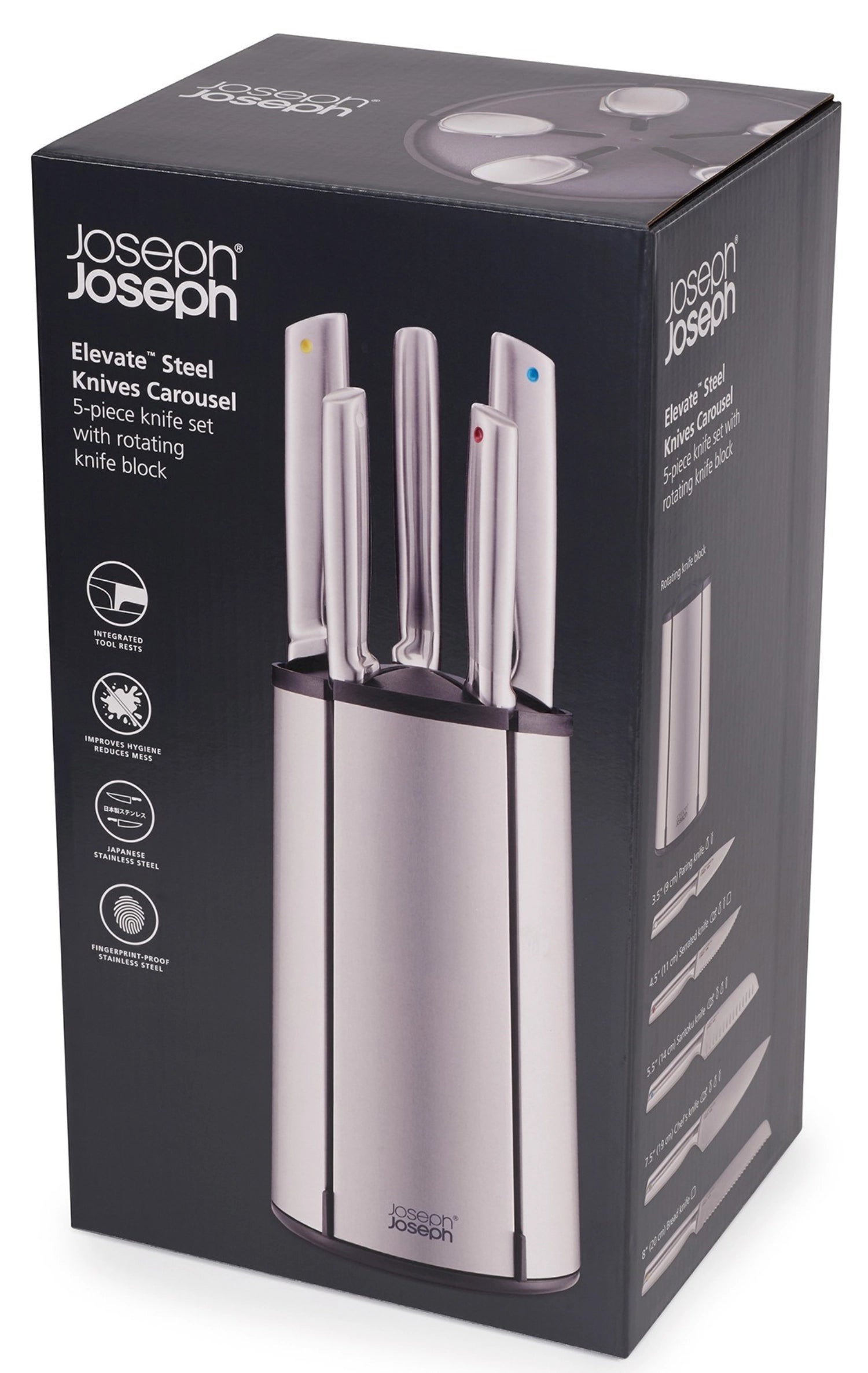 Elegantes 5-teiliges Messerkarussell aus Edelstahl von Joseph Joseph, ideal für die sichere und platzsparende Aufbewahrung Ihrer Küchenmesser.