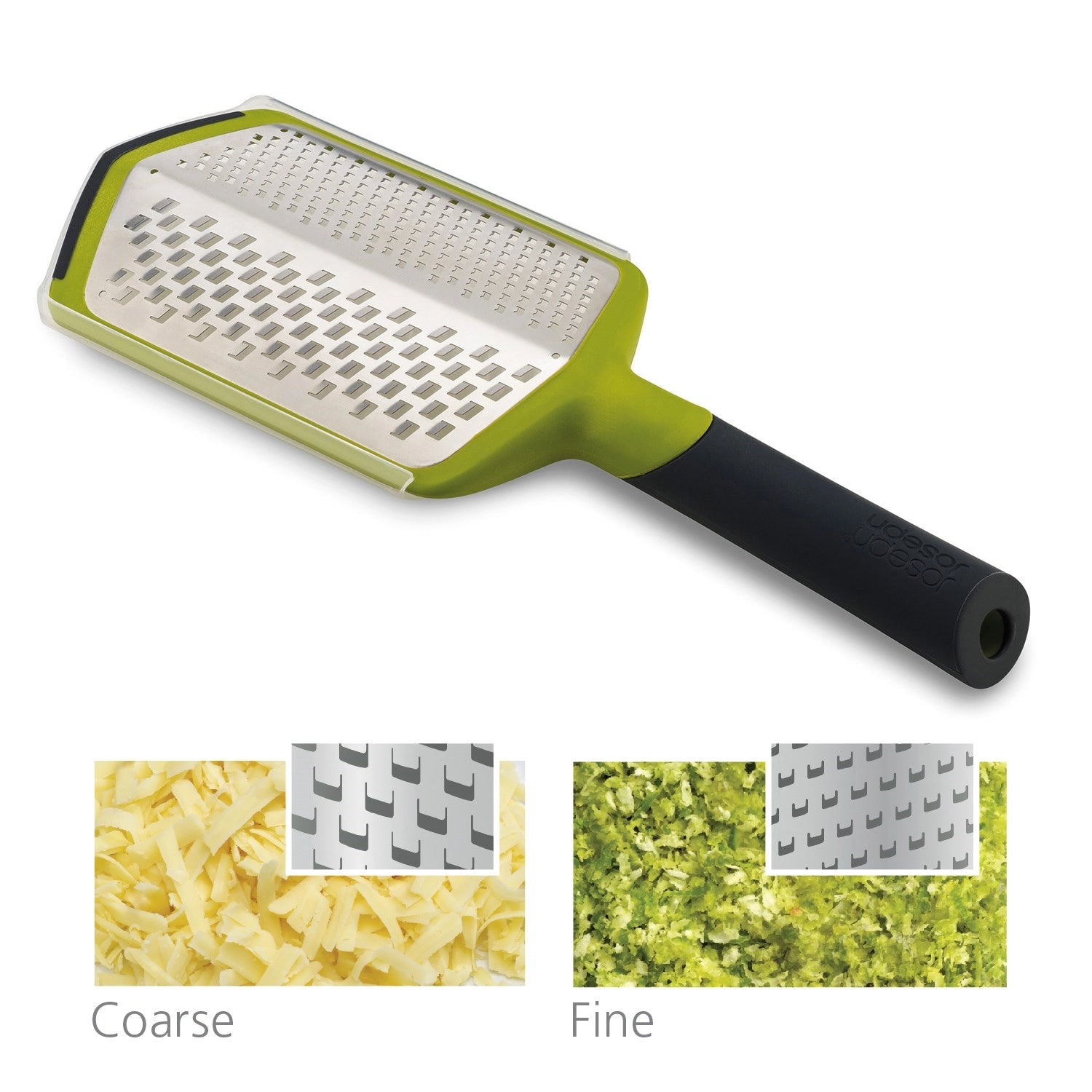 Praktische grüne Twist Reibe von Joseph Joseph mit Auffangbehälter, perfekt zum einfachen Reiben von Käse, Gemüse und mehr in grob und fein.