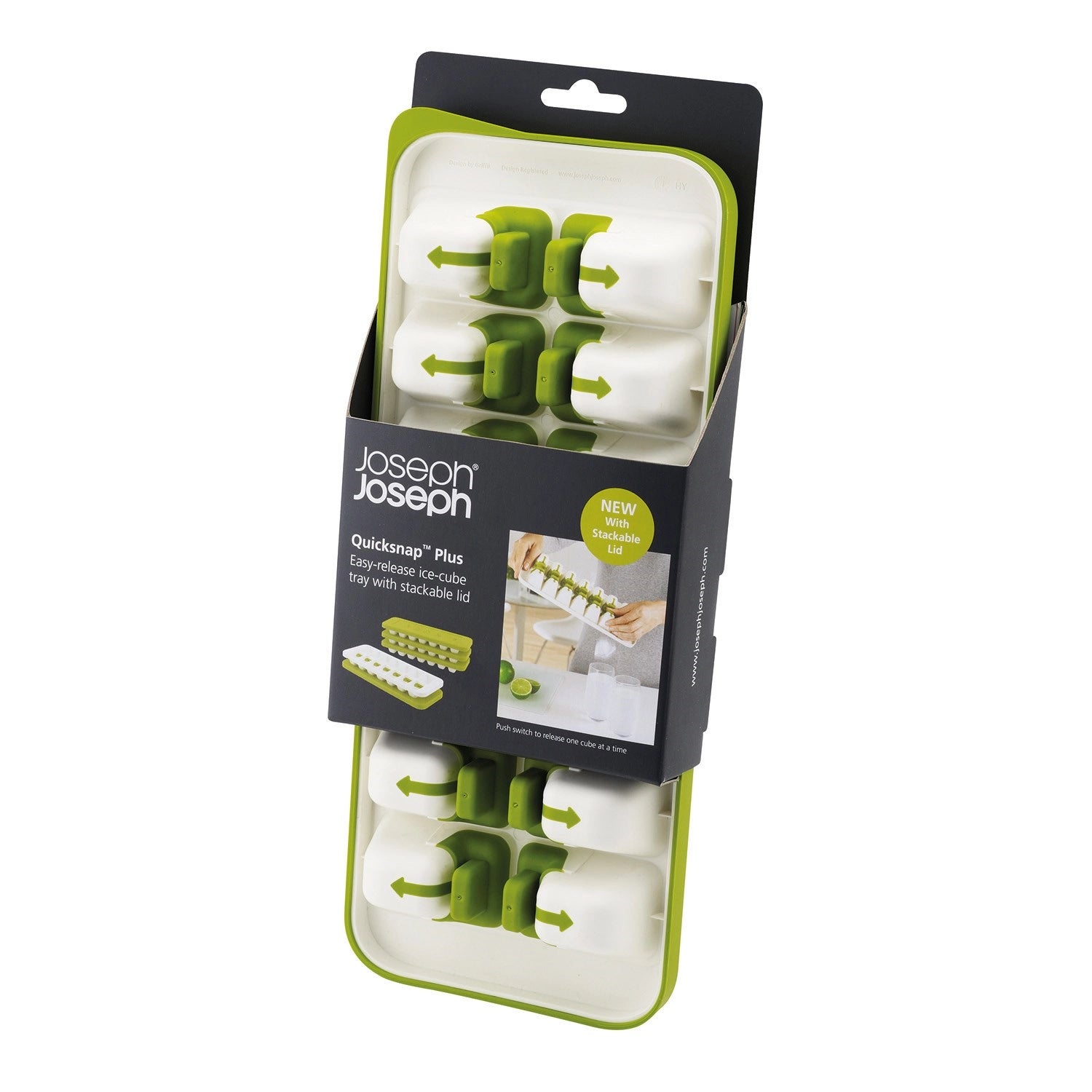 Stylischer Eiswürfelbehälter Quicksnap Plus in Weiß und Grün, ideal für die schnelle und unkomplizierte Eiswürfelproduktion, Maße: 13x32.2x3.5 cm.