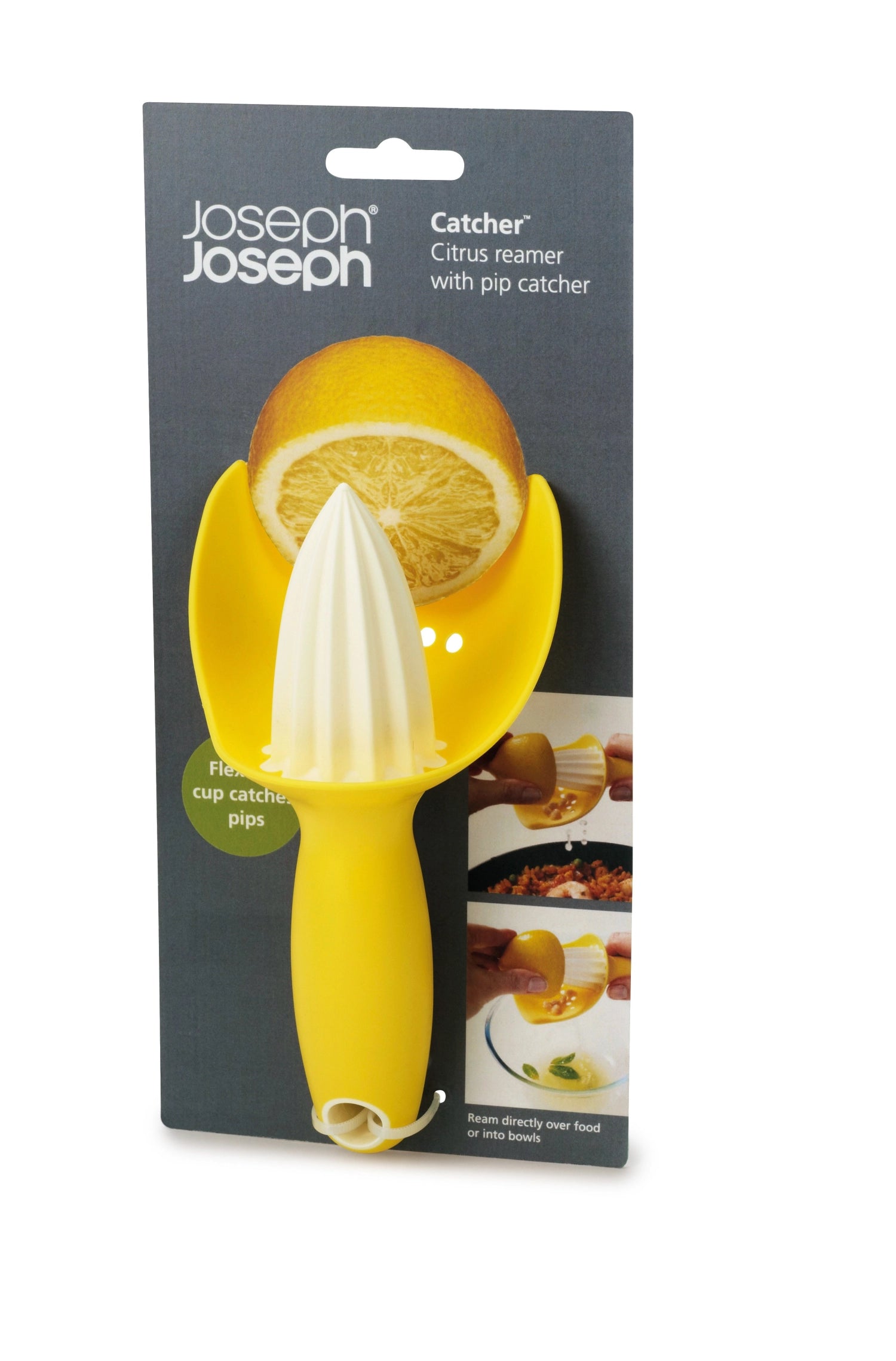 Stylische gelbe Zitronenpresse von Joseph Joseph, 16.5x8.5x7 cm, ideal für frischen Saft aus Zitrusfrüchten in der Küche.