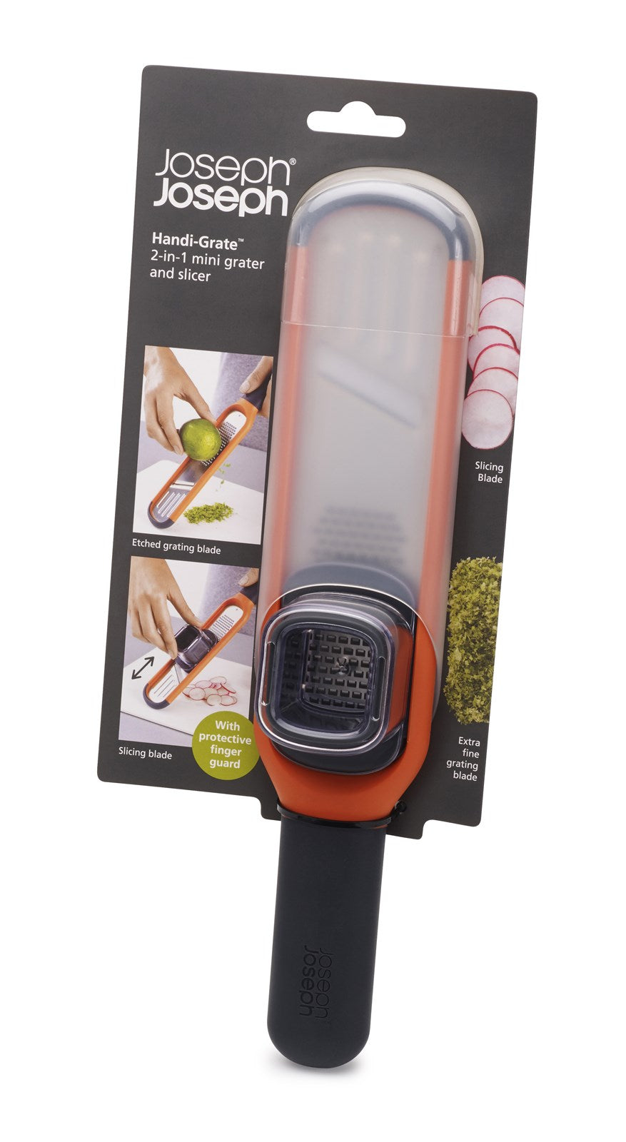 Die Handi-Grate 2-in-1 Mini Reibe von Joseph Joseph in leuchtendem Orange vereinfacht das Reiben von Käse, Gemüse und mehr. Kompakt und langlebig!