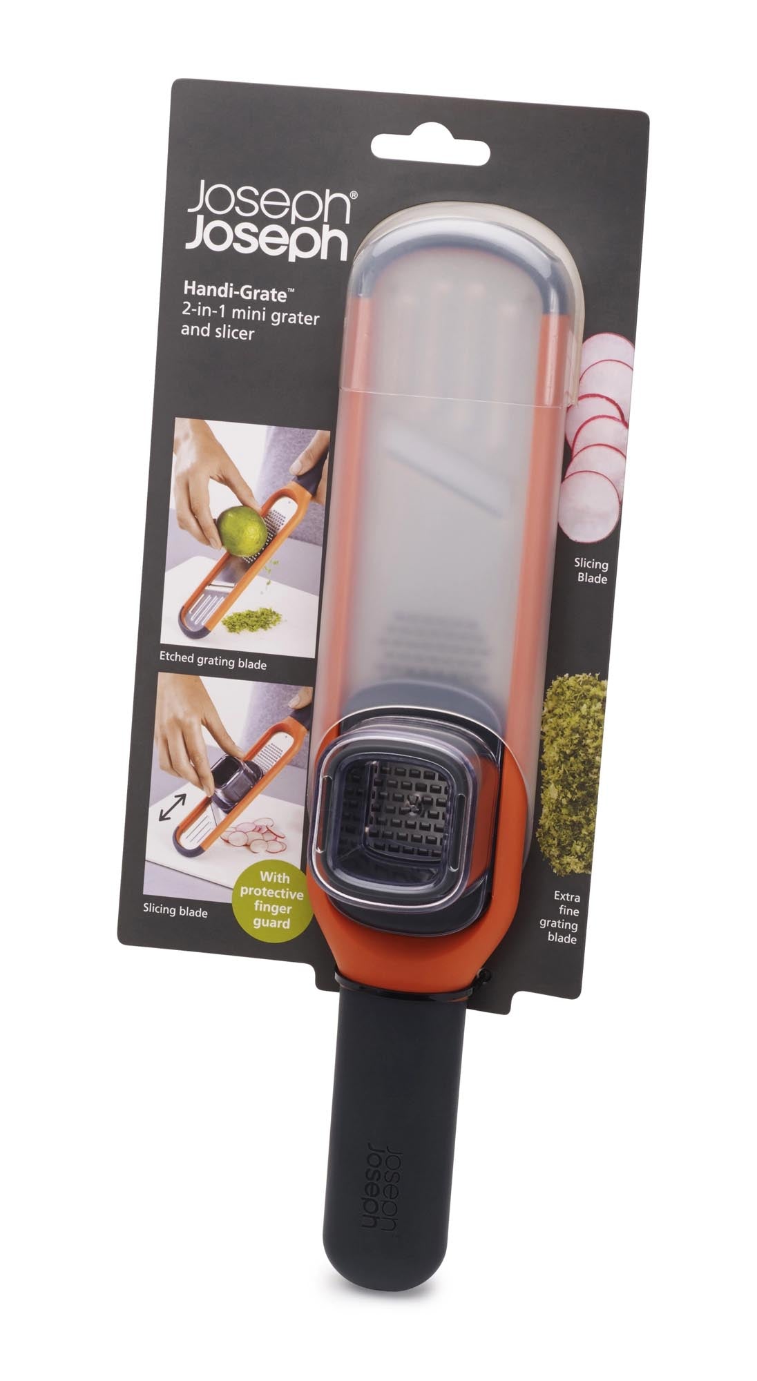 Entdecken Sie die Handi-Grate 2-in-1 Mini Reibe von Joseph Joseph in strahlendem Orange. Kompakt, vielseitig und einfach zu reinigen – der perfekte Küchenhelfer!