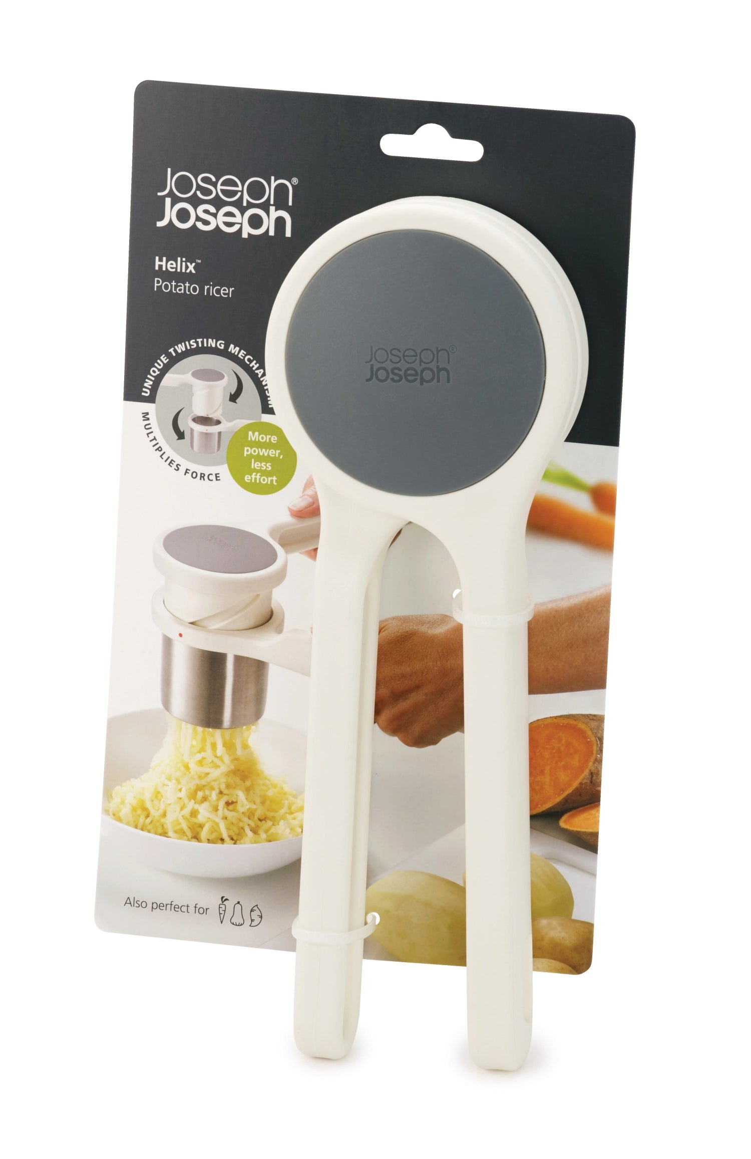 Die Joseph Joseph Helix Kartoffelpresse (9.4x26.5x9.1 cm) vereinfacht das Zubereiten von Püree und Gemüse mit ihrem ergonomischen und effizienten Design.