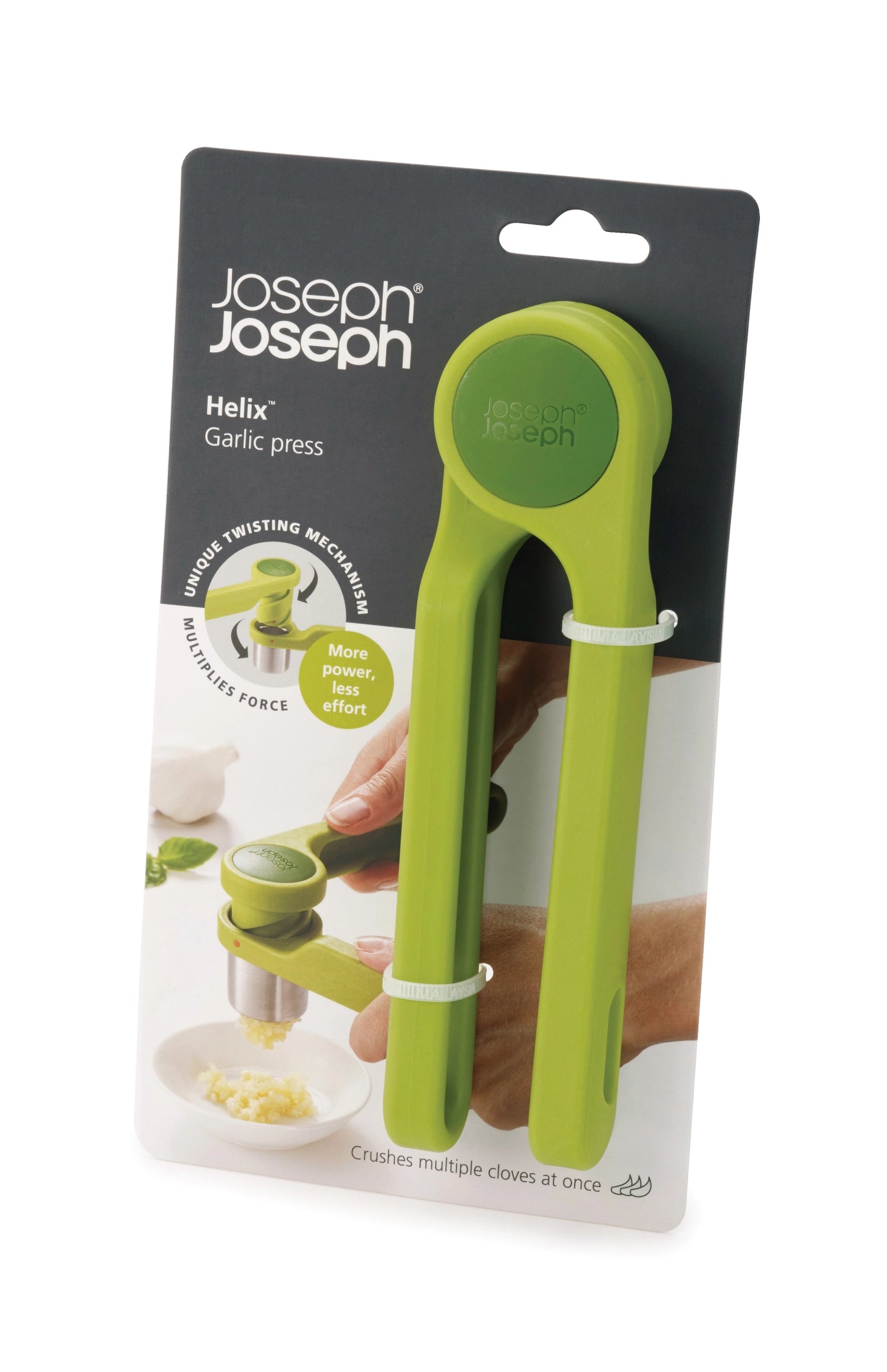 Elegante Helix Knoblauchpresse von Joseph Joseph, ideal für müheloses Zerkleinern von Knoblauch, mit kompakten Maßen für einfache Handhabung.