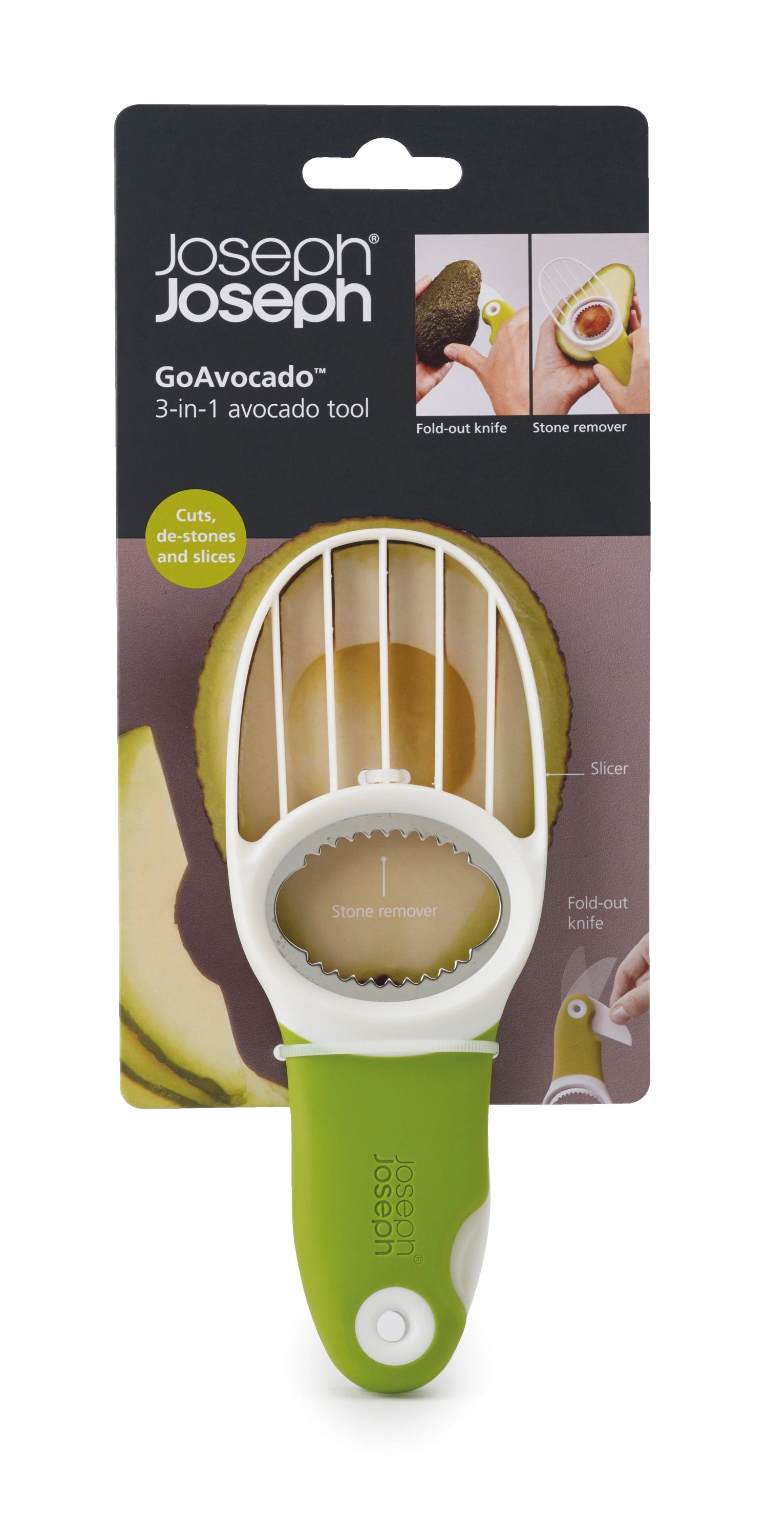 Der GoAvocado 3-in-1 Avocado Schneider in frischem Grün vereinfacht das Schneiden, Entkernen und Pürieren von Avocados in einem handlichen Design.