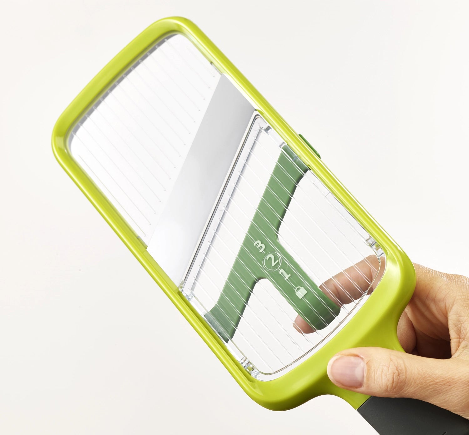 Multi -grip mandolin with precise grocery handle - green