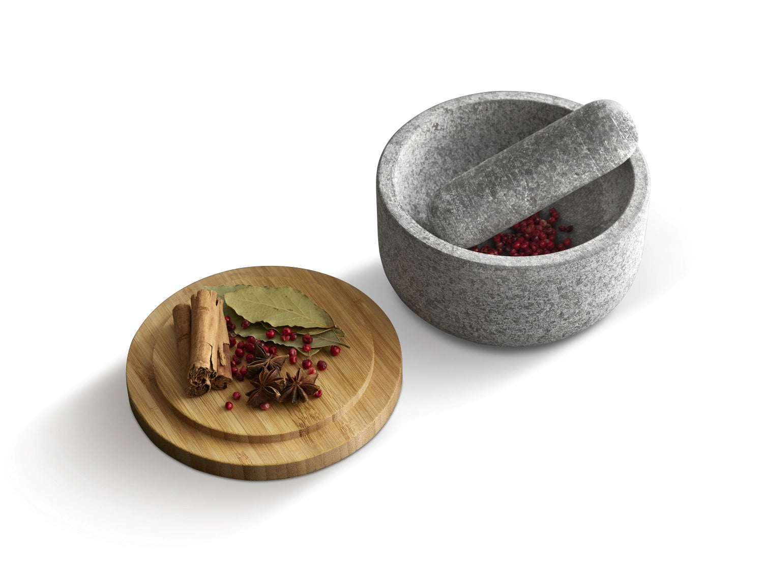 Robuster Mörser aus Granit mit stilvollem Bambusdeckel, perfekt zum Zerkleinern von Gewürzen und Kräutern in der Küche.