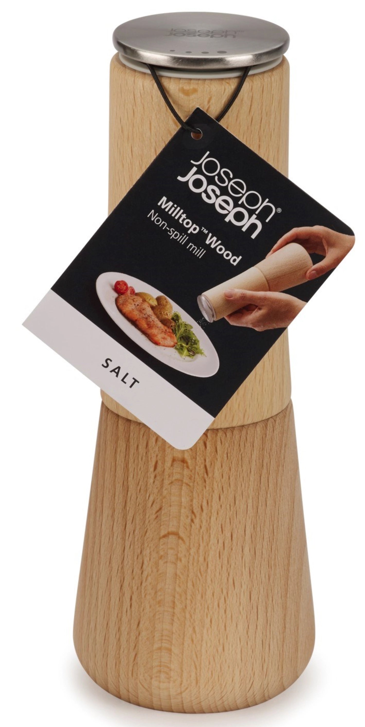 Elegante 19 cm Salzmühle aus edlem Holz von Joseph Joseph, ideal für präzises Würzen ohne Krümel und mit modernem Design.