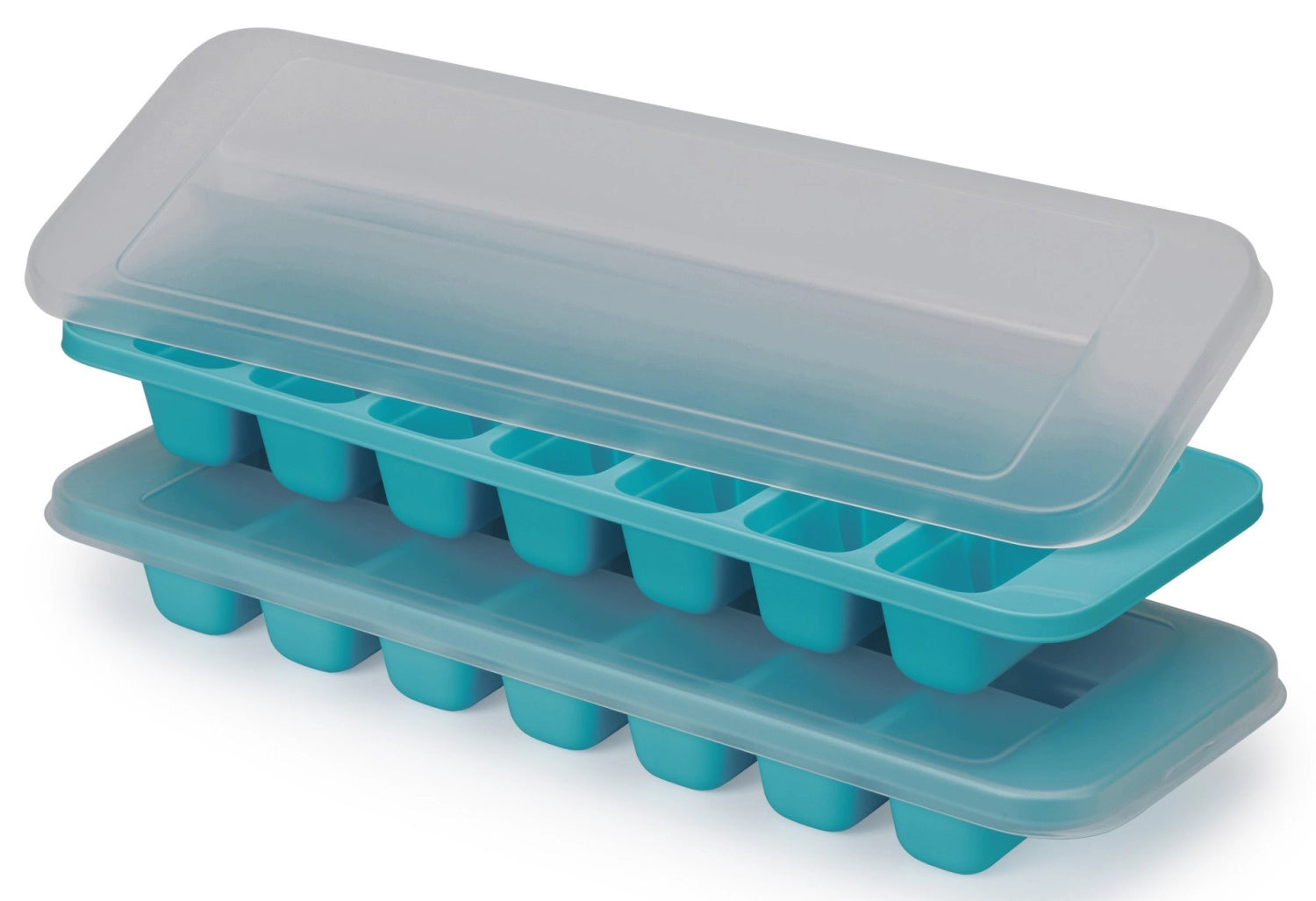Erleben Sie das 2er Set Flow Easy-fill Eiswürfelbehälter von Joseph Joseph – cleveres Design für müheloses Befüllen und saubere Eiswürfelherstellung!