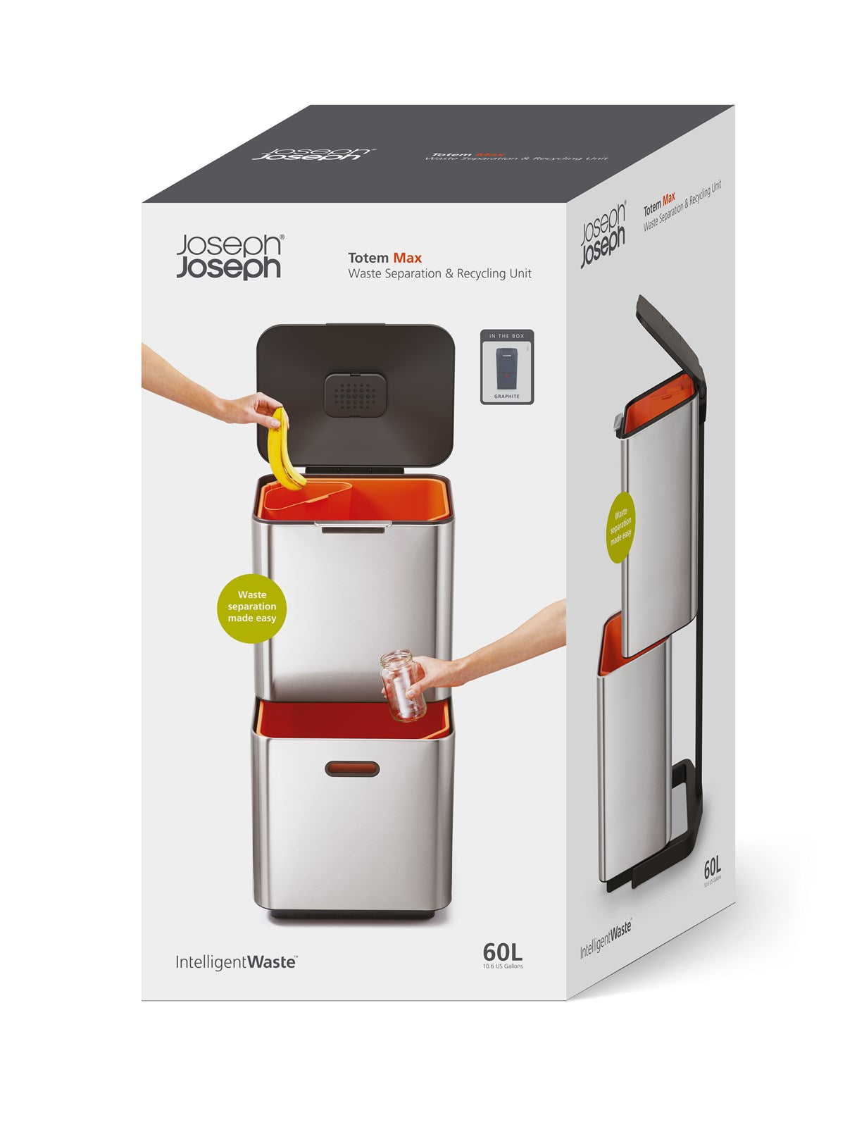 Entdecken Sie den Totem Max 60L von Joseph Joseph – ein stilvoller Mülltrennsystem aus Edelstahl für modernes Recycling.