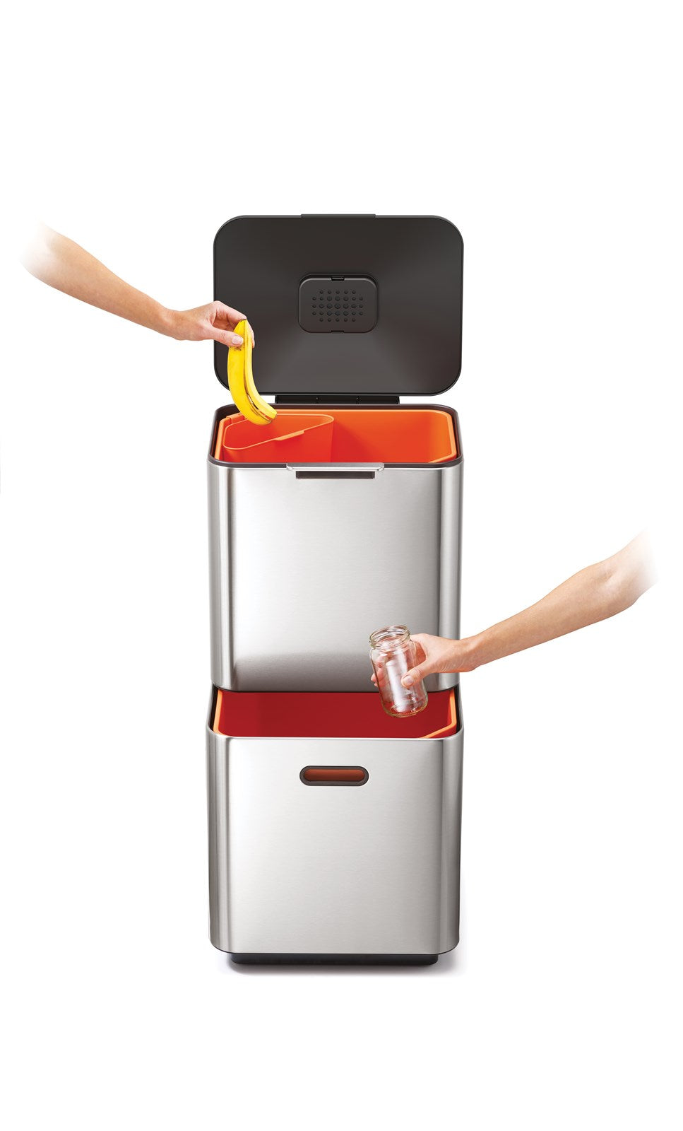 Entdecken Sie den Totem Max 60L von Joseph Joseph – ein stilvoller Mülltrennsystem aus Edelstahl für modernes Recycling.
