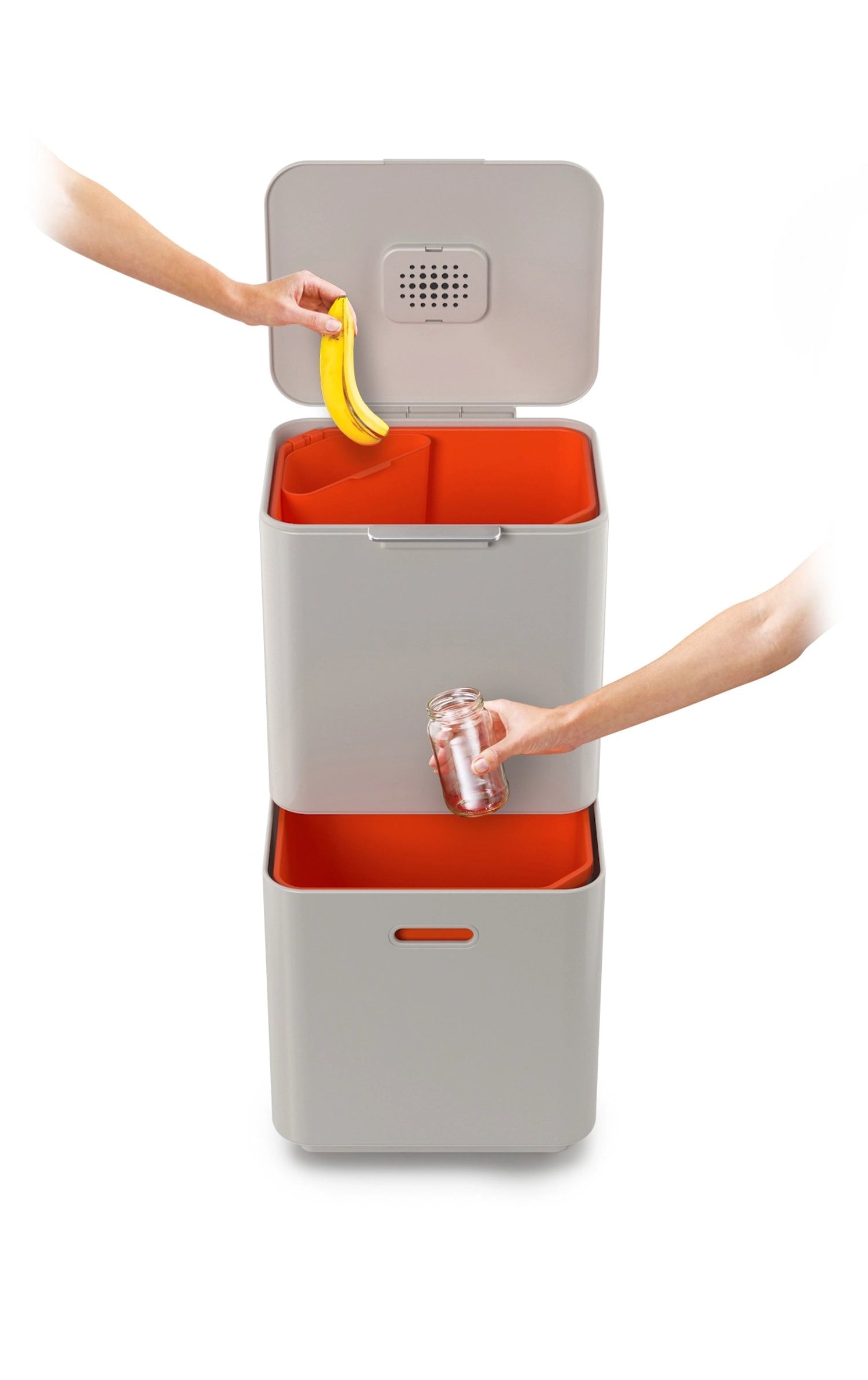Stylischer Joseph Joseph Totem Max 60L Abfalleimer in neutralem Steinfarbton, perfekt für nachhaltige Abfalltrennung und zeitgemäße Wohnräume.