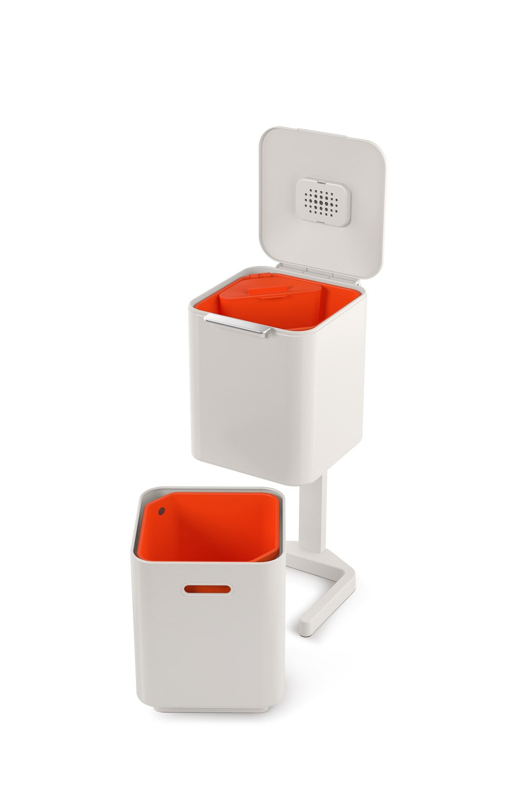 Der Joseph Joseph Totem Compact 40L in Stone bietet clevere Trennmöglichkeiten für müheloses Recycling und eine ordentliche Abfallentsorgung.