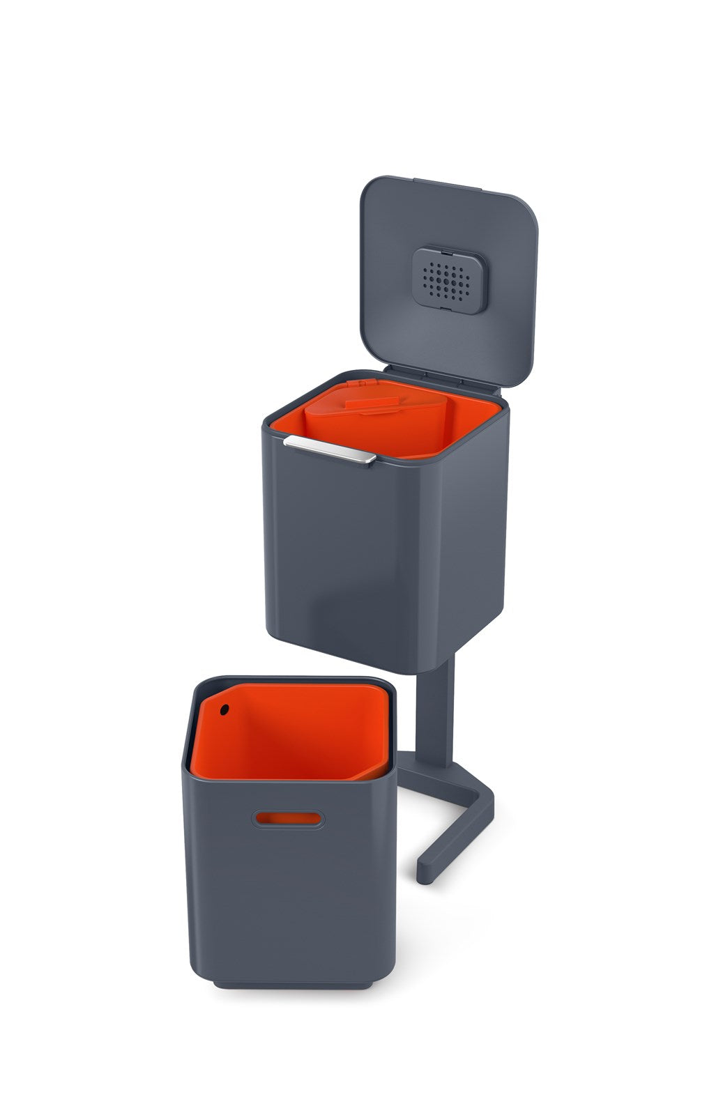 Der Totem Compact 40L in Graphit von Joseph Joseph bietet stilvolle Mülltrennung und clevere Fächer für eine nachhaltige Abfallentsorgung.