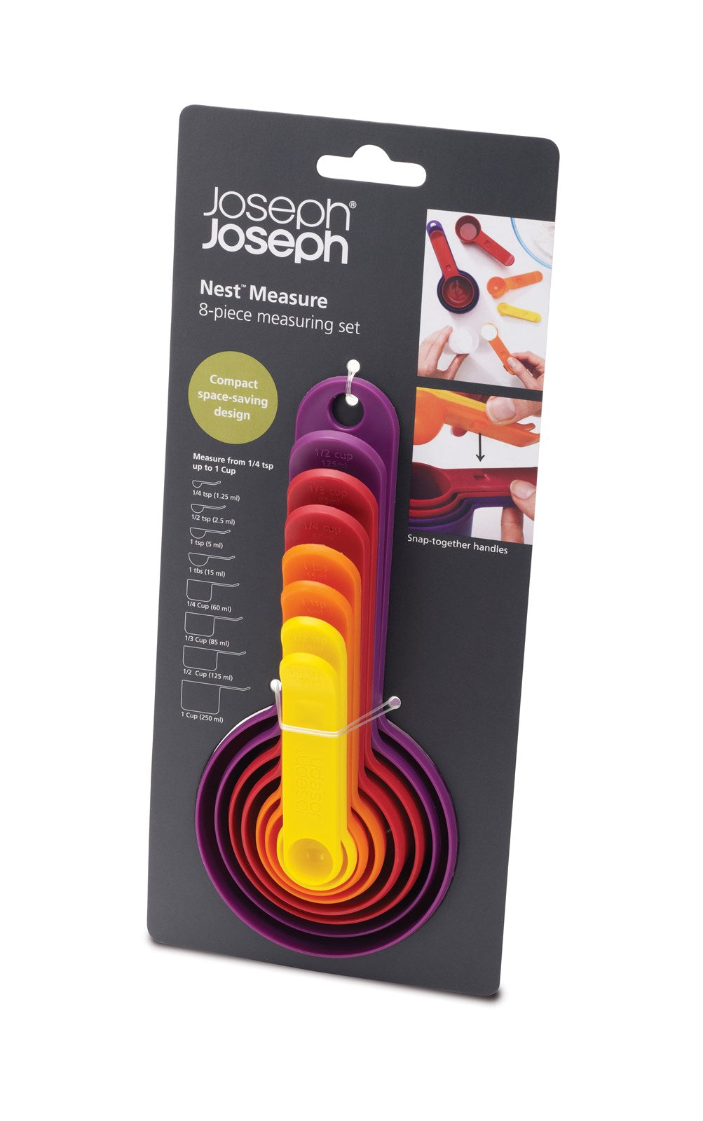 Das 8-tlg. Nest Messlöffelset von Joseph Joseph: platzsparend, langlebig, ergonomisch – ideal für präzises Abmessen in der Küche.