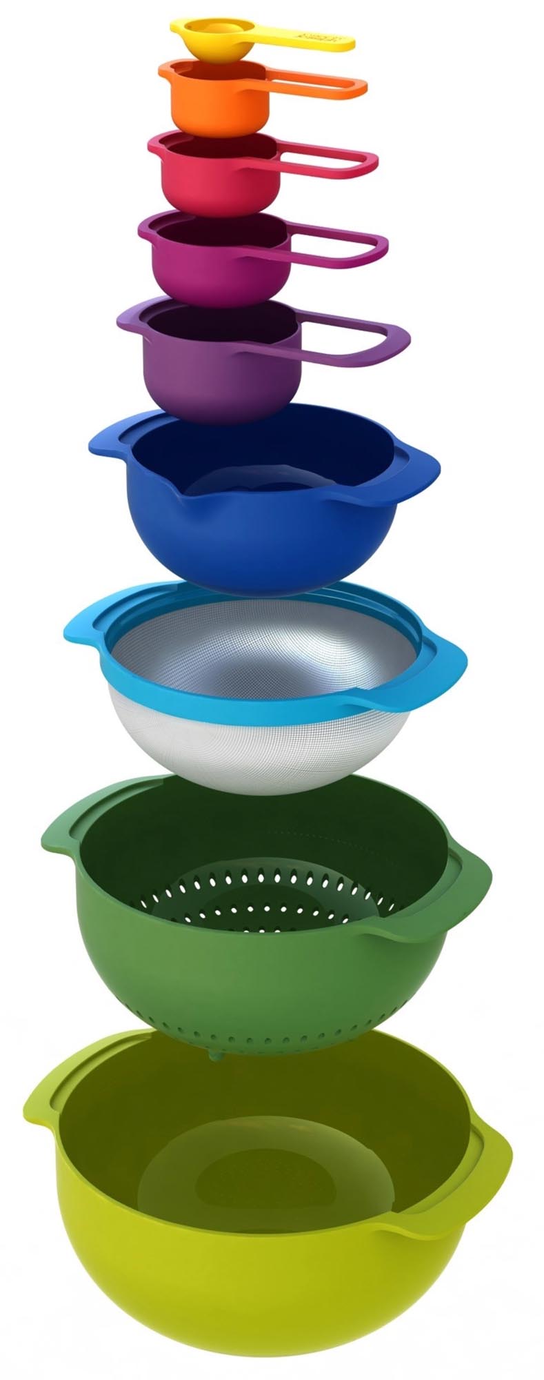 Entdecken Sie das vielseitige 9-teilige Nest 9 Plus Set von Joseph Joseph – praktische, stapelbare Schüsseln und Messlöffel aus langlebigem Material für effizientes Kochen.