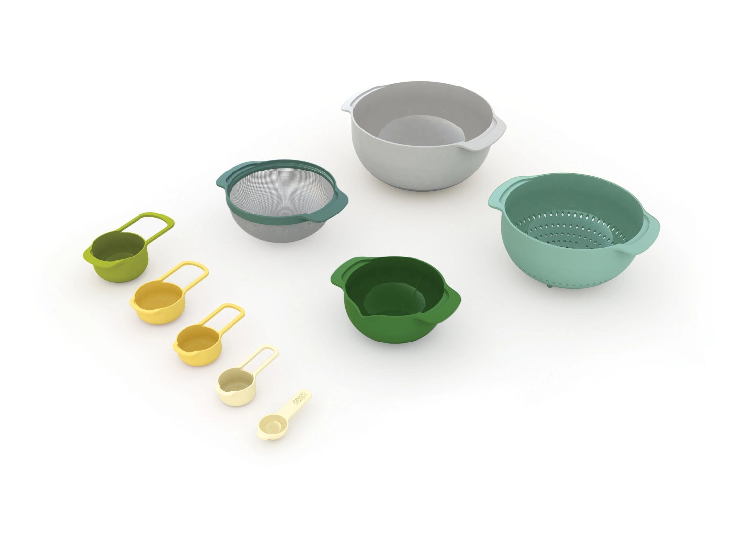 Elegantes 9-teiliges Set aus Messlöffeln und Schüsseln von Joseph Joseph in stilvollem Opal-Finish, ideal für präzises Messen und Kochen.