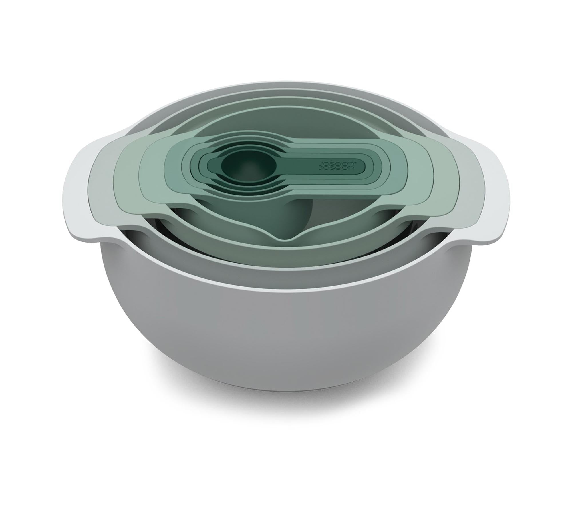 Entdecken Sie das 9-teilige Nest Plus Messlöffelset von Joseph Joseph in elegantem Salbeigrün. Ideal für präzises Messen und platzsparend verstaut!