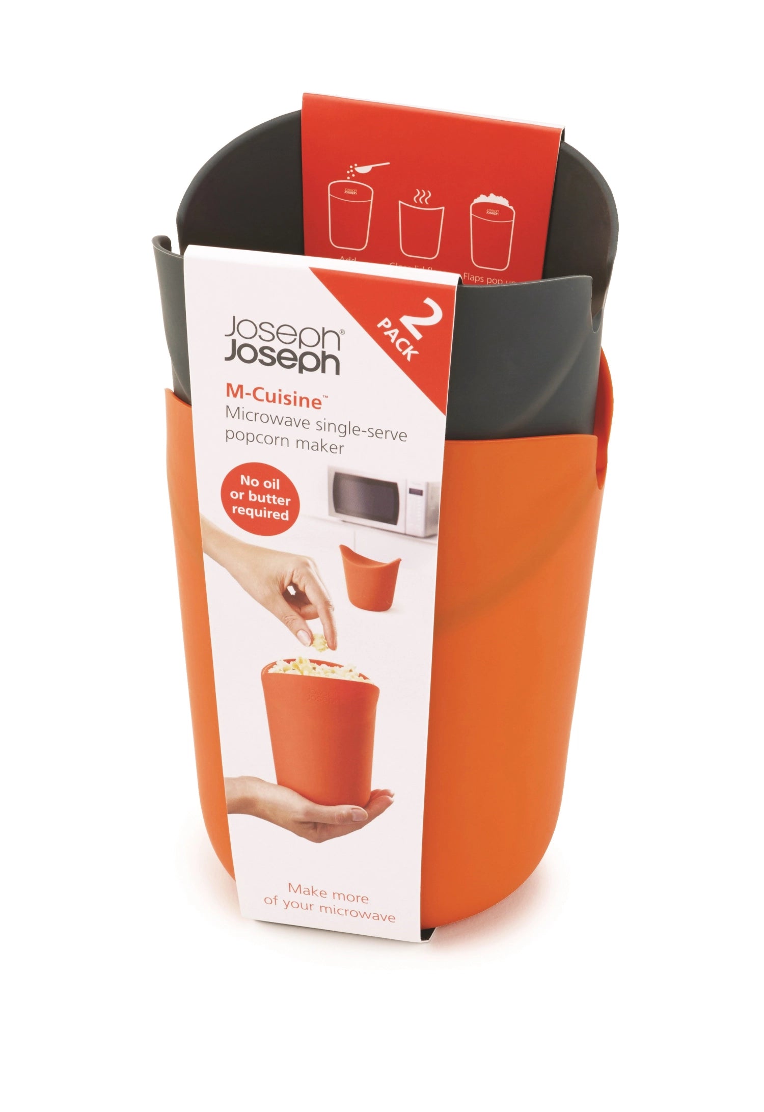 Zwei praktische Popcorn Maker von Joseph Joseph, perfekt für die schnelle Zubereitung von knusprigem Popcorn in kleinen Portionen.