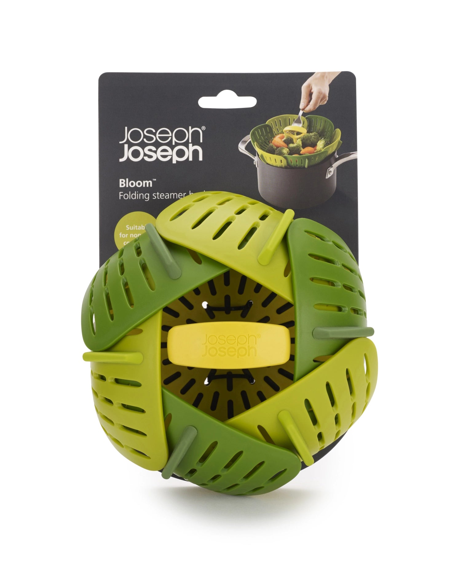 Faltbarer Dampfgareinsatz in frischem Grün von Joseph Joseph, ideal für gesundes Kochen und einfache Lagerung in der Küche.