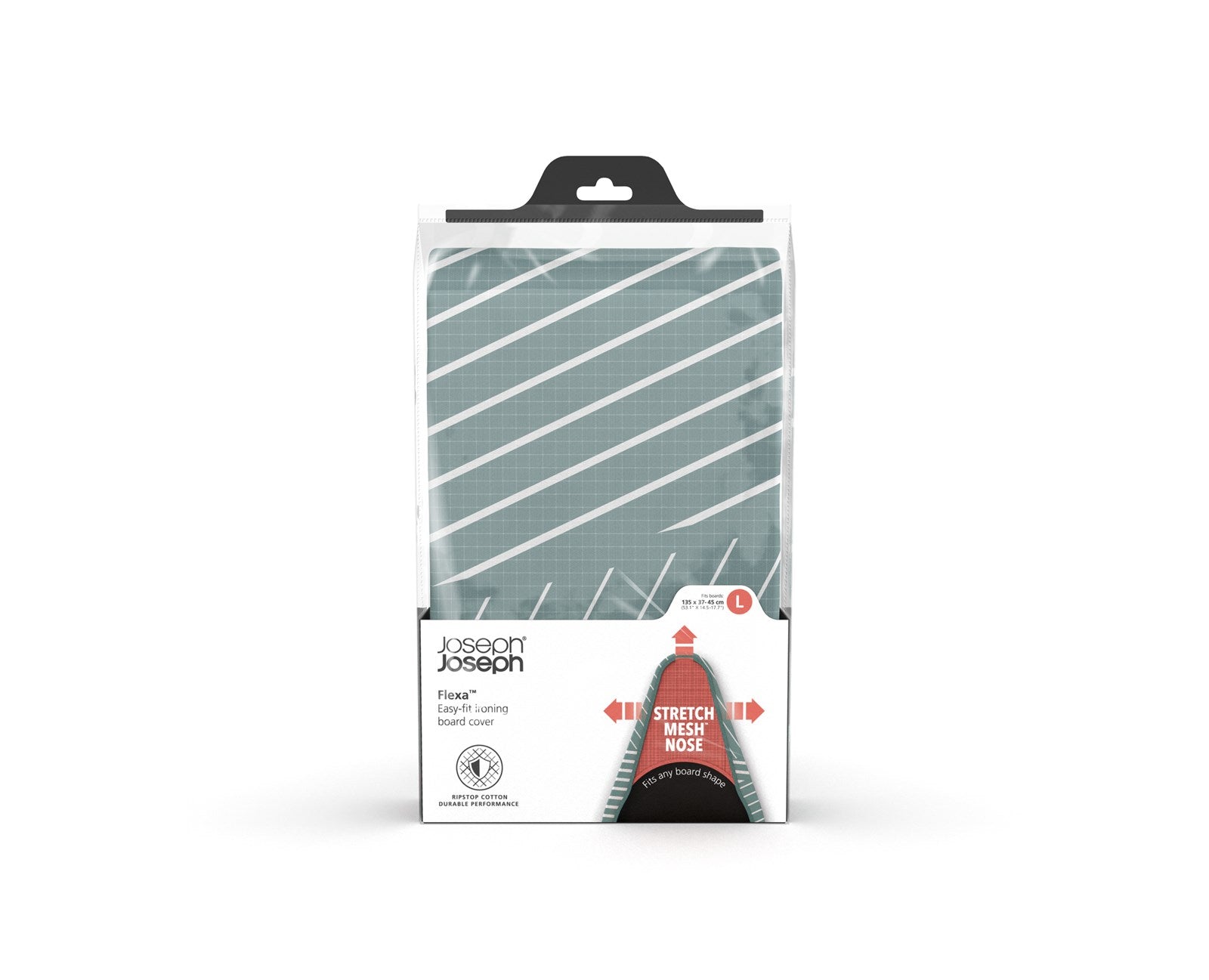 Stilvoller Flexa Bügelbrettbezug 135 cm in linearem Grau von Joseph Joseph: 100% Baumwolle, atmungsaktiv, pflegeleicht, mit Gummizug.