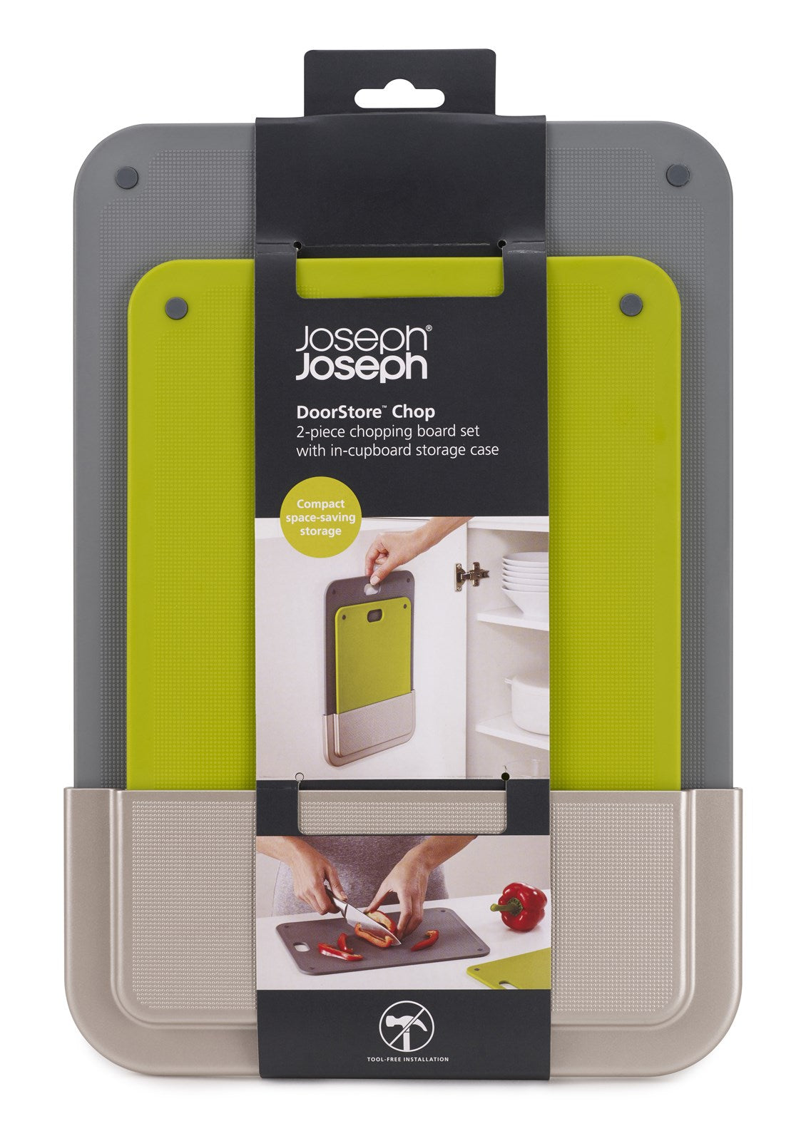 Praktisches 2-teiliges Schneidebrett-Set von Joseph Joseph, ideal für platzsparende Aufbewahrung und müheloses Schneiden in der modernen Küche.