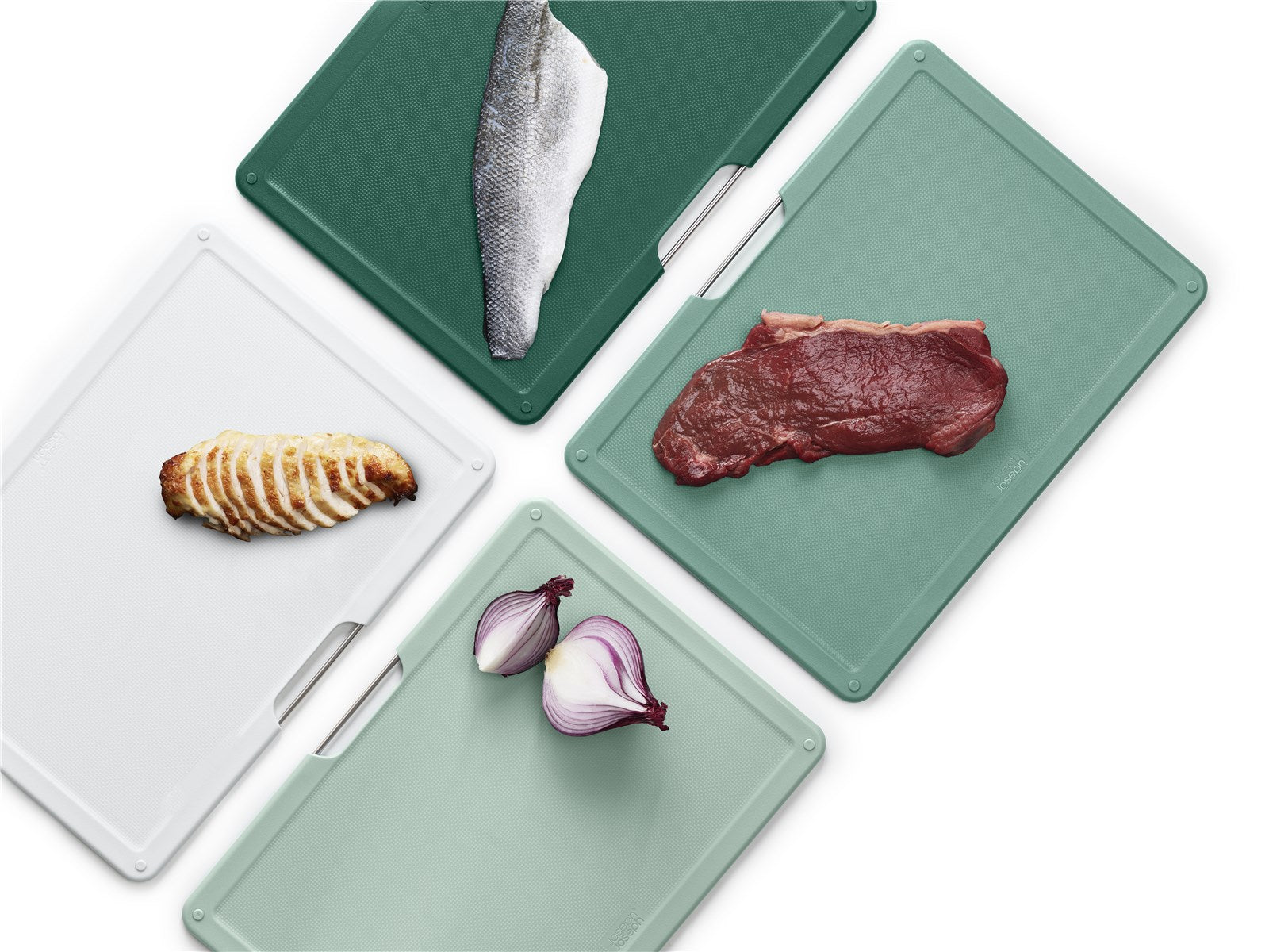 Erleben Sie das Folio Sage 4-teiliges Schneidebrett-Set von Joseph Joseph – ideal für sicheres, hygienisches und stilvolles Kochen in Ihrer Küche!