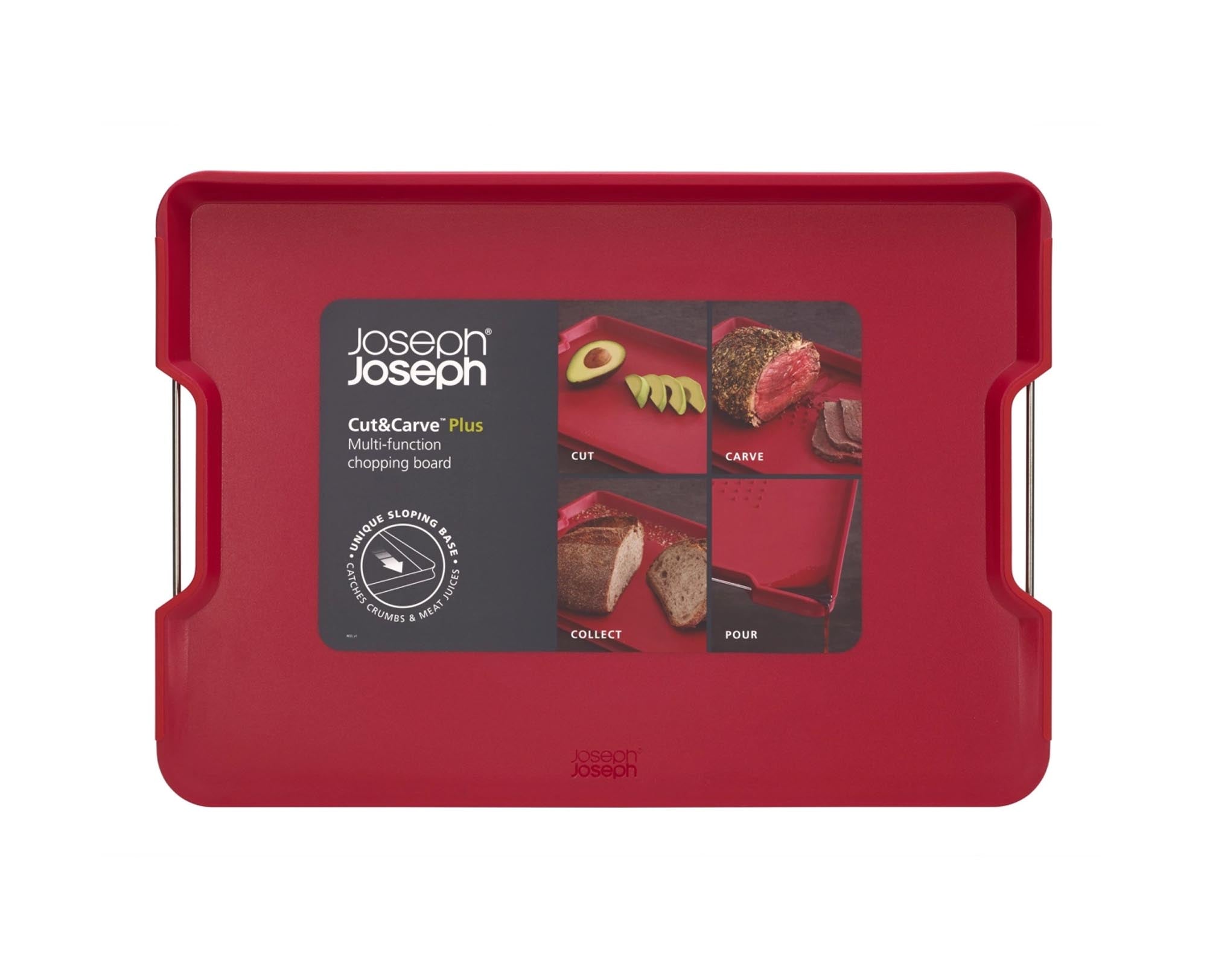 Großes, funktionales Schneidebrett in Rot von Joseph Joseph mit messerschonender Oberfläche und praktischer Abtropfmulde für sauberes Arbeiten.
