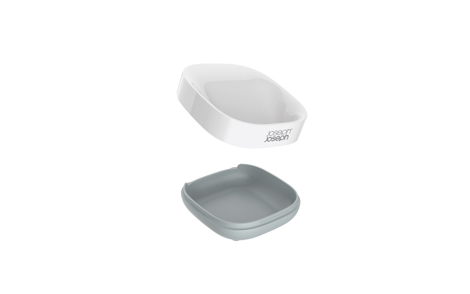 Der elegante Slim Compact Seifenbehälter von Joseph Joseph in Weiss und Grau bietet stilvolle, platzsparende Seifenaufbewahrung und passt perfekt in jedes Badezimmer.