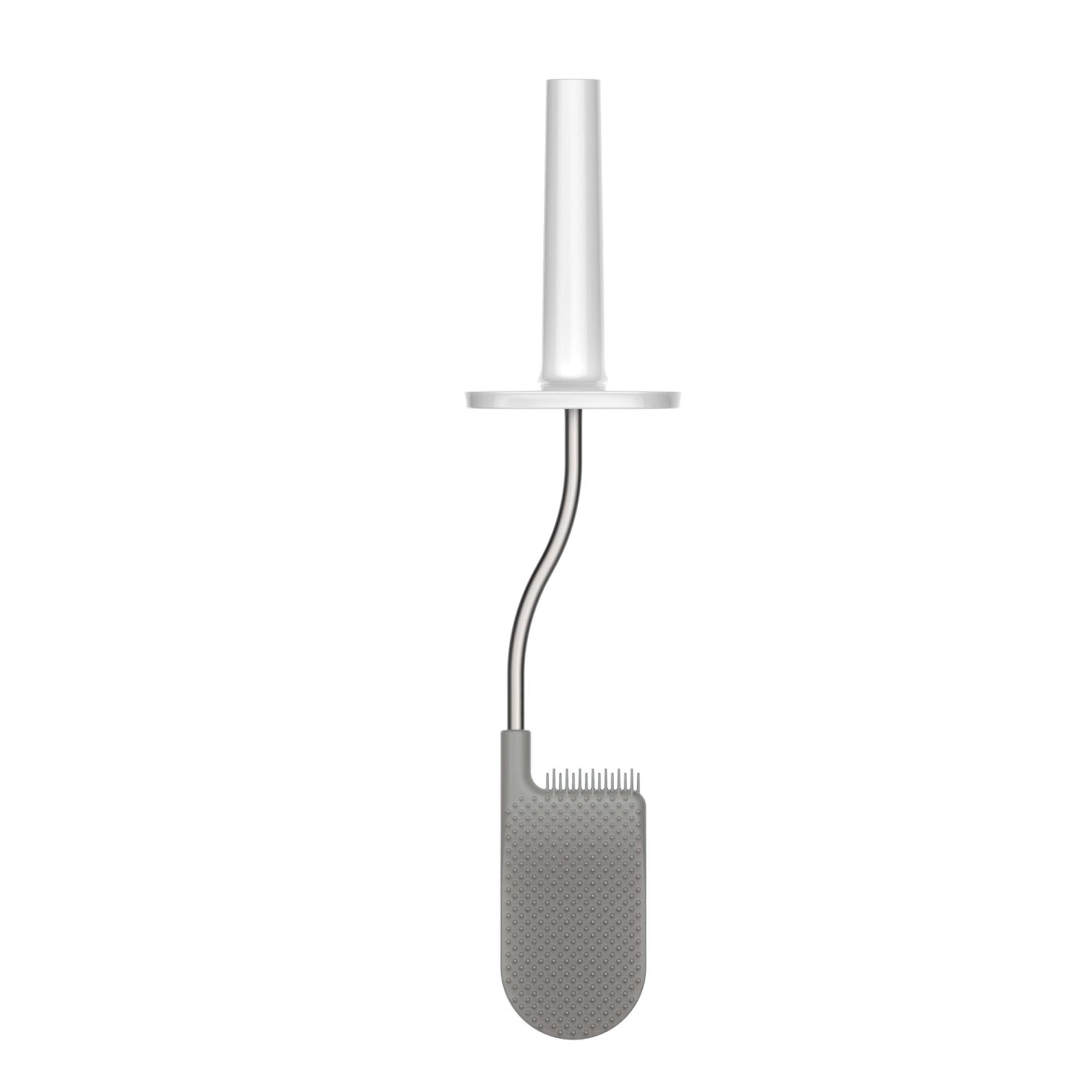 Moderne Toilettenbürste von Joseph Joseph mit praktischem Fach für Reinigungsmittel. Stilvolles Design in Weiss und Grau.