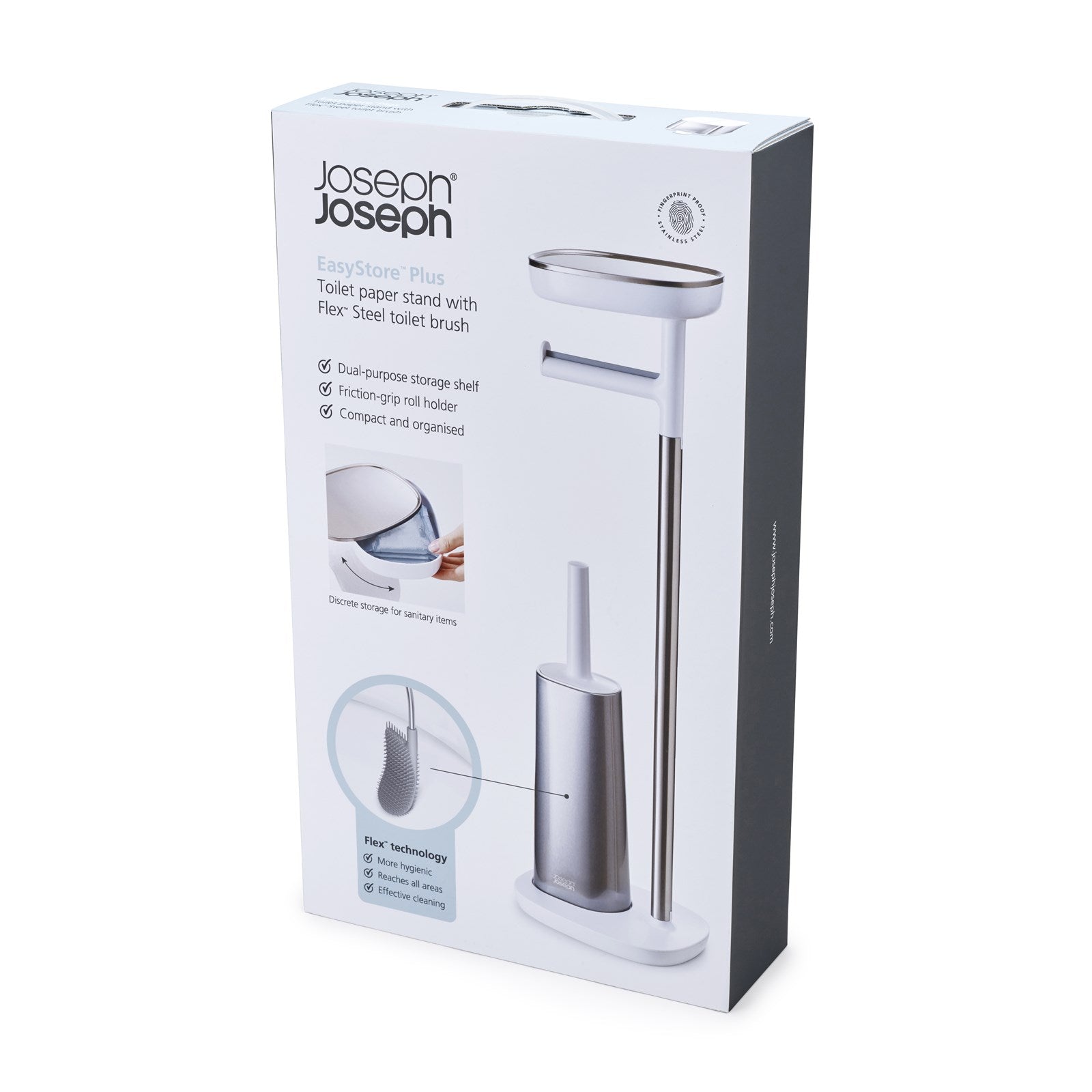 Praktischer EasyStore Toilettenpapier-Ständer mit Bürste von Joseph Joseph. Ideal für kompakte Badezimmer, vereint Hygiene und modernes Design.