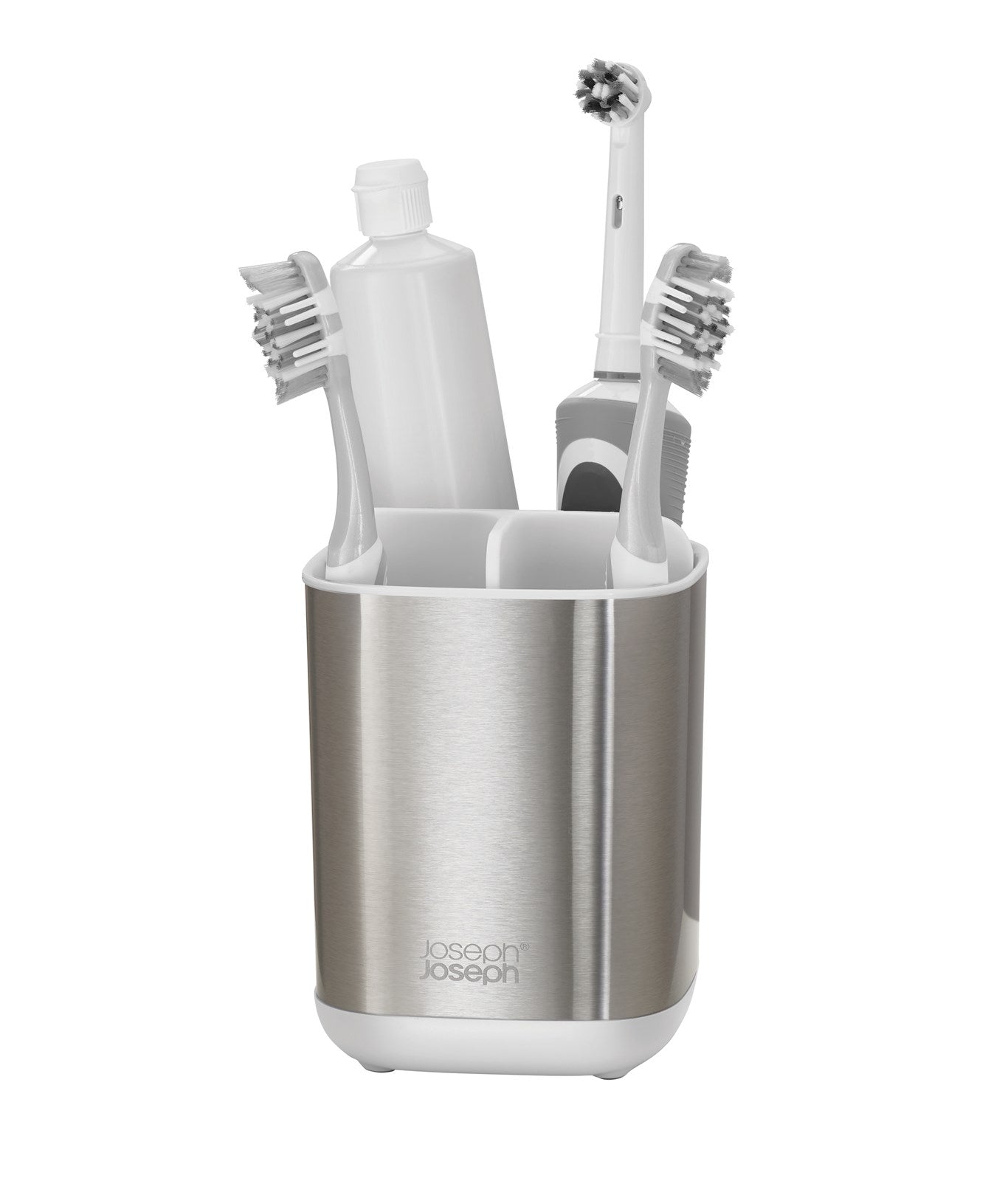 Stylischer Zahnbürstenhalter in Weiß von Joseph Joseph. Aus langlebigem Edelstahl und ABS, bietet Platz für 4 Zahnbürsten. Praktisch und hygienisch.