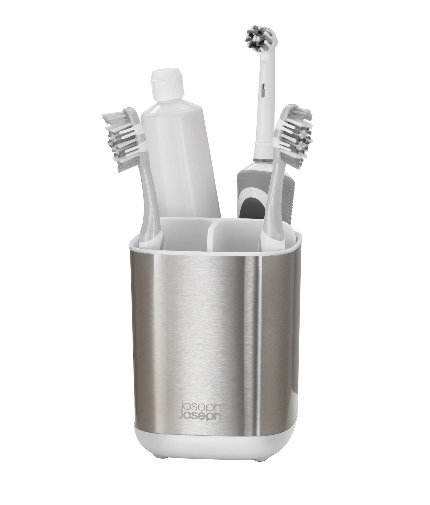 Eleganter Zahnbürstenhalter EasyStore Steel in Weiß von Joseph Joseph, ideal für eine aufgeräumte und hygienische Badezimmerumgebung.