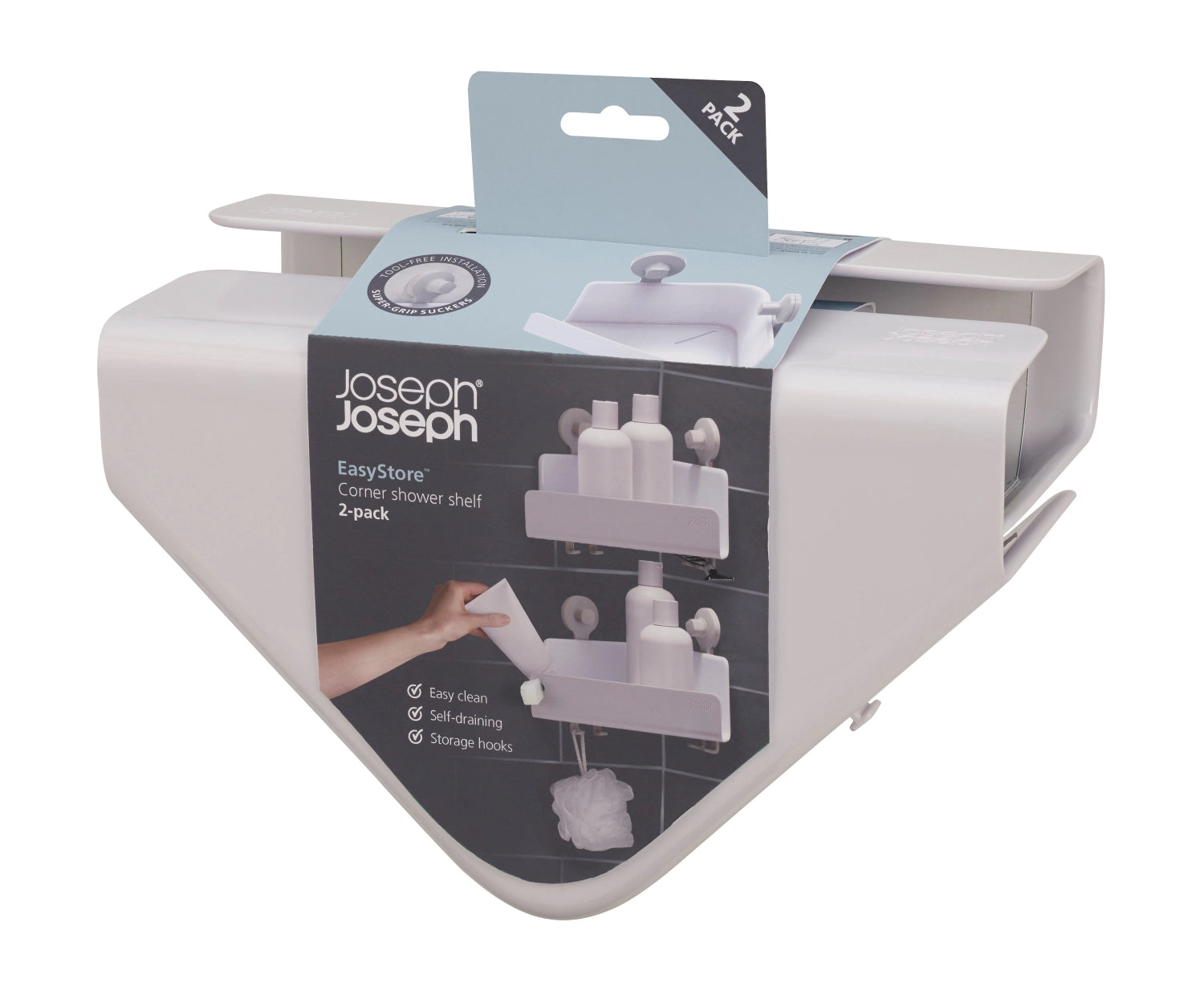 Stylisches 2er-Pack Eck-Duschablagen in elegantem Weiß von Joseph Joseph, ideal zur optimalen Raumnutzung und Aufbewahrung in der Dusche.