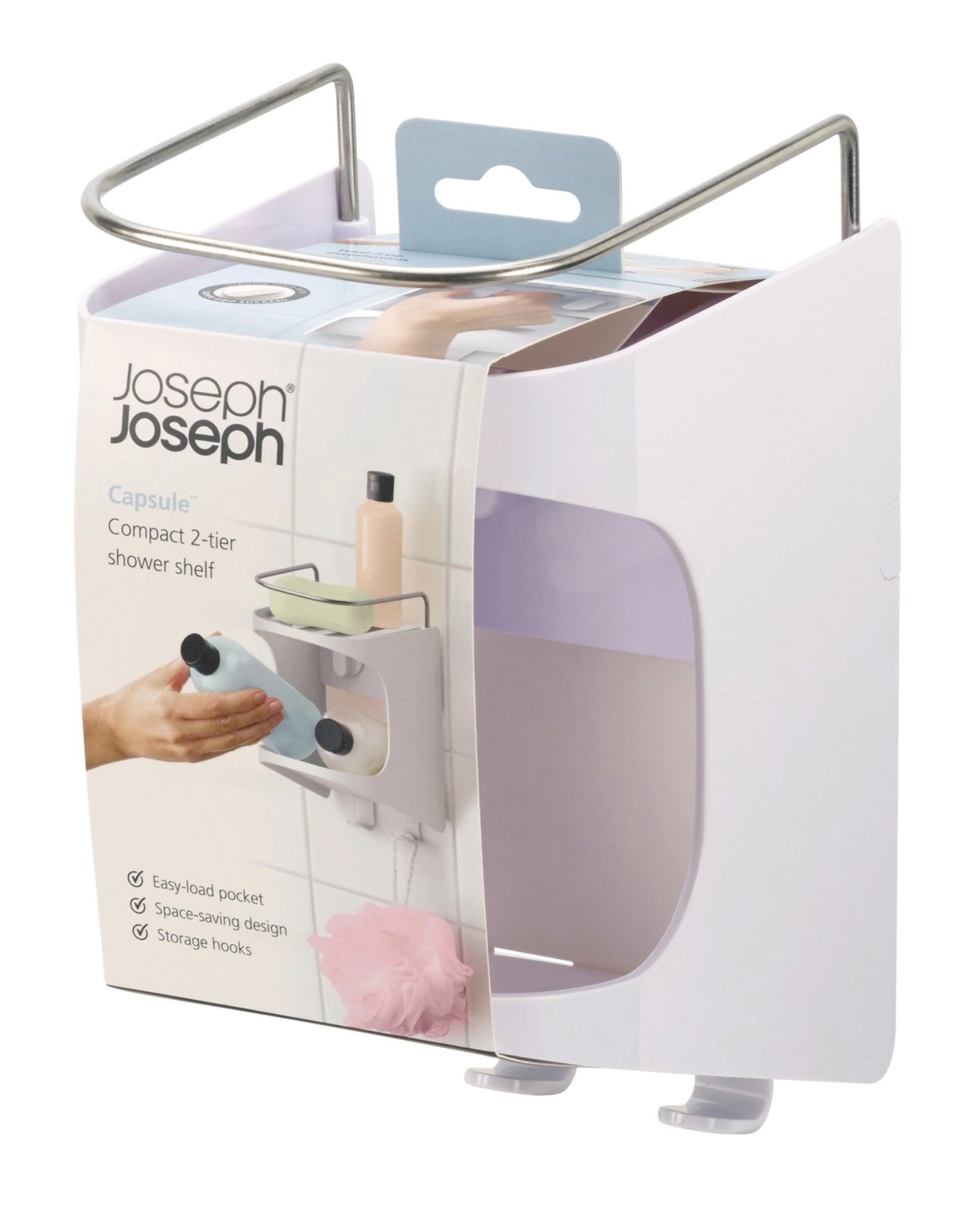 Praktisches 2-stufiges Duschregal von Joseph Joseph, perfekt für die übersichtliche Aufbewahrung von Duschprodukten in kleinen Badezimmern.
