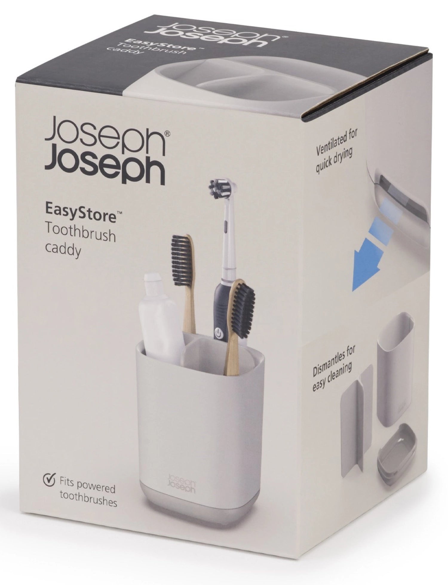 Moderner Zahnbürstenhalter in zartem Ecru von Joseph Joseph, ideal für eine ordentliche und ansprechende Aufbewahrung Ihrer Zahnbürsten.