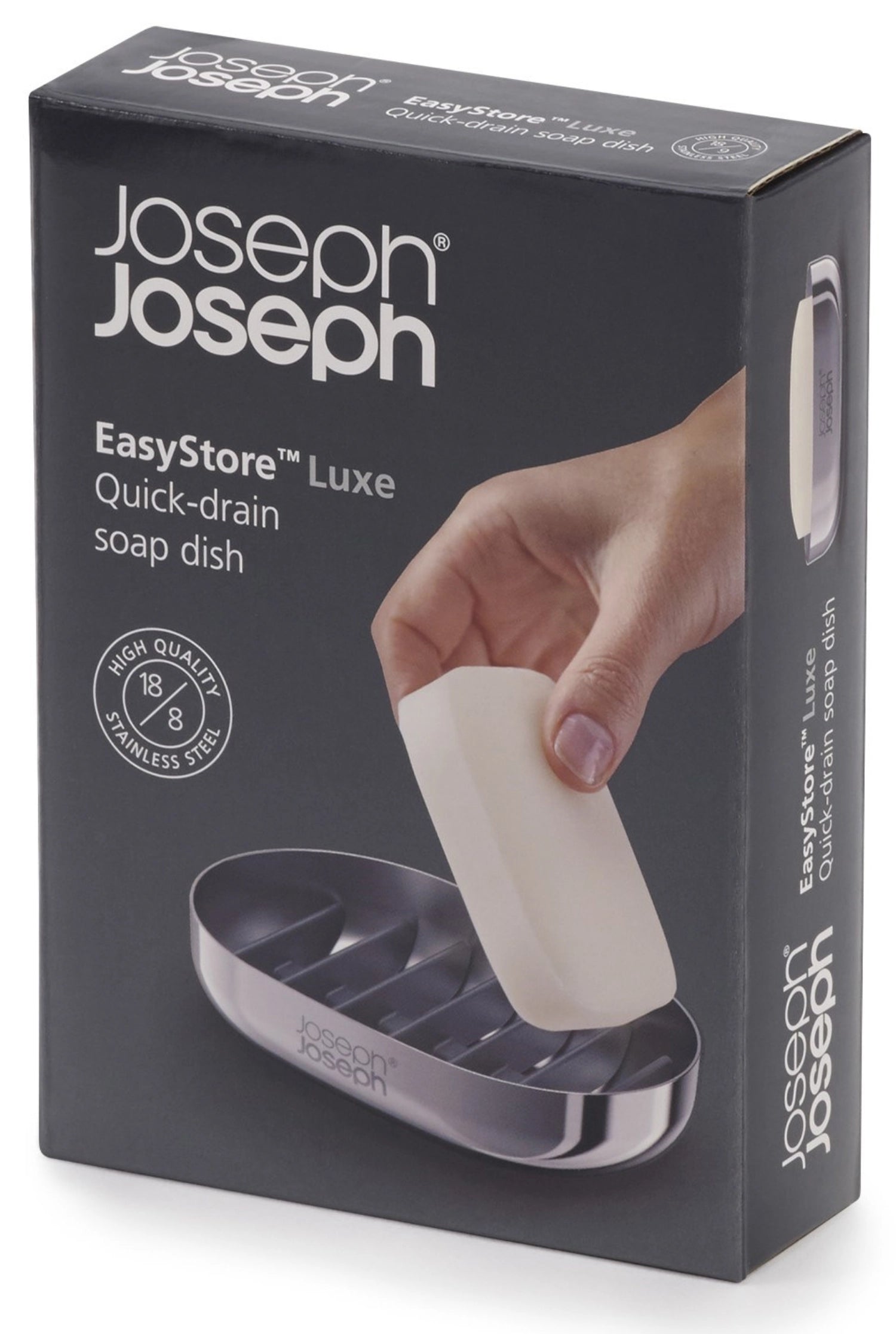 Erleben Sie die stilvolle EasyStore Luxe Seifenschale aus Edelstahl von Joseph Joseph. Ihr durchdachtes Design hält Seife trocken und hygienisch.