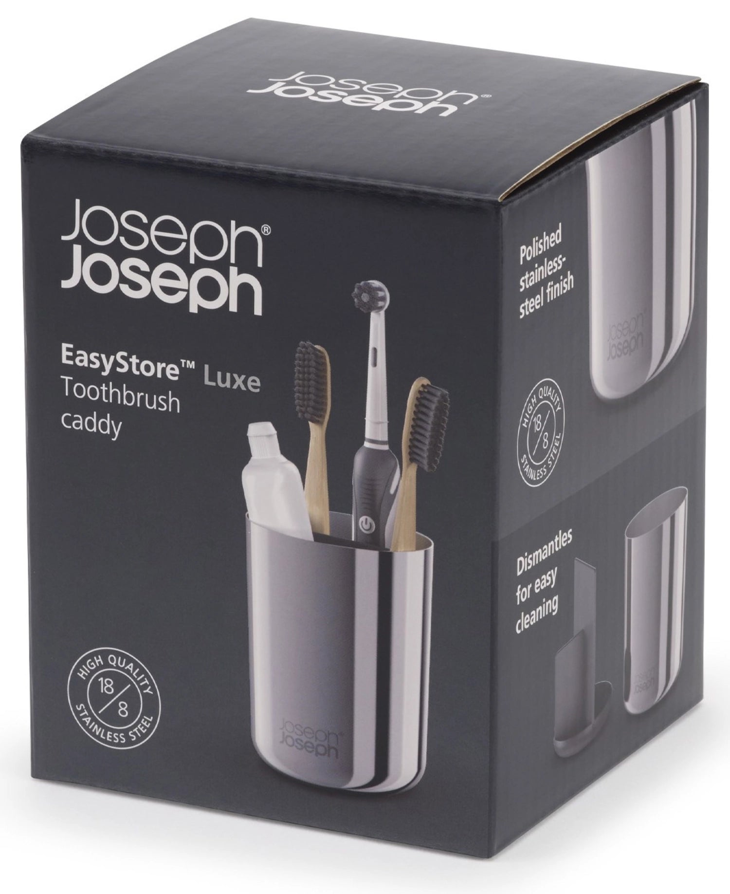 Eleganter Zahnbürstenhalter aus robustem Edelstahl von Joseph Joseph, ideal für ein aufgeräumtes und zeitgemäßes Badezimmerdesign.
