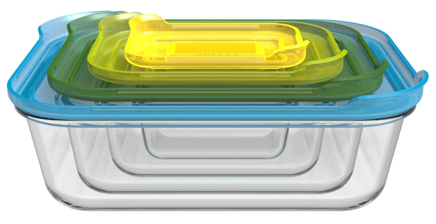 Praktisches 4-teiliges Set aus robusten Glasbehältern von Joseph Joseph, ideal für die stilvolle und platzsparende Aufbewahrung von Lebensmitteln.