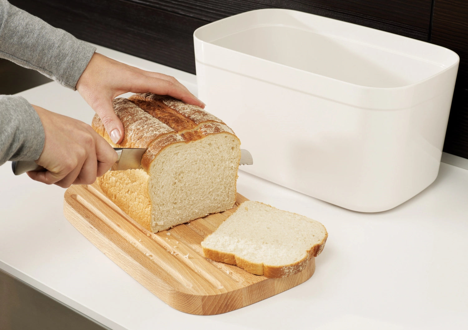 Bread box polypropylene bamboo, white, 37x18x22 cm
