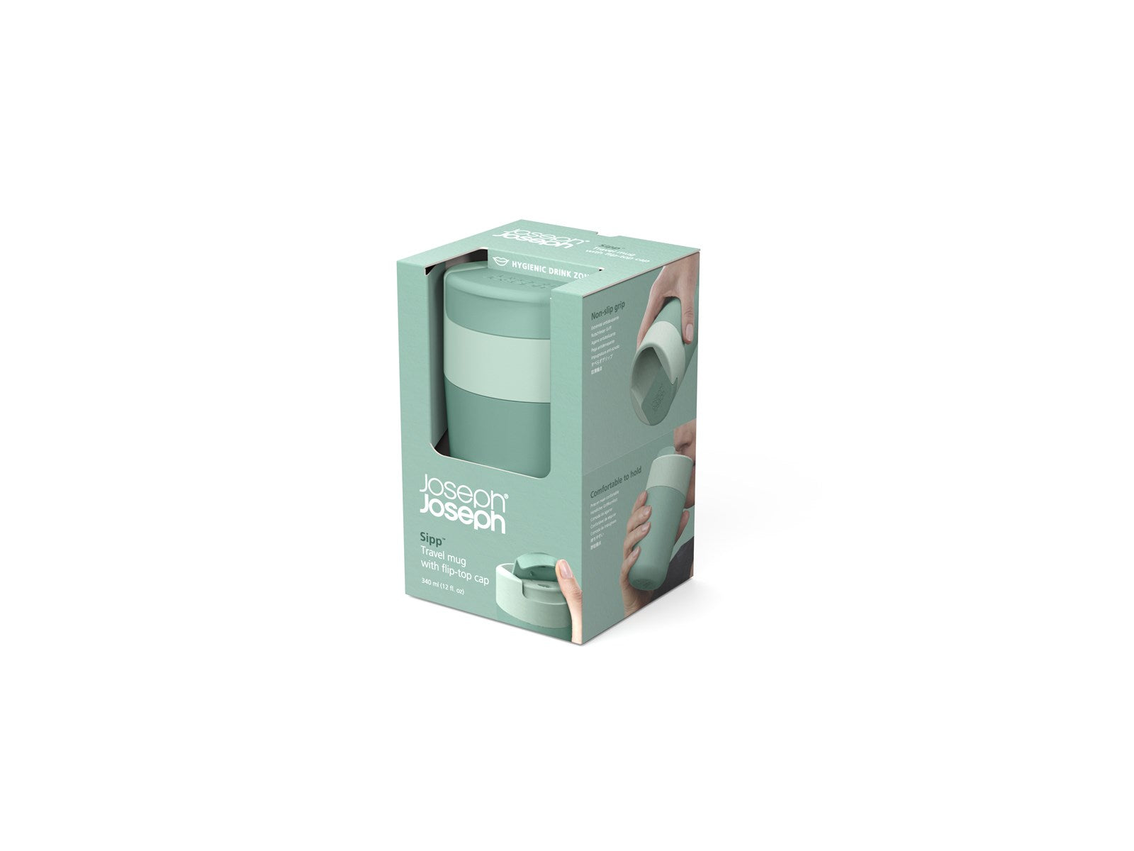 Stilvoller 340ml Sipp Travel Mug in Grün von Joseph Joseph für Reisen.