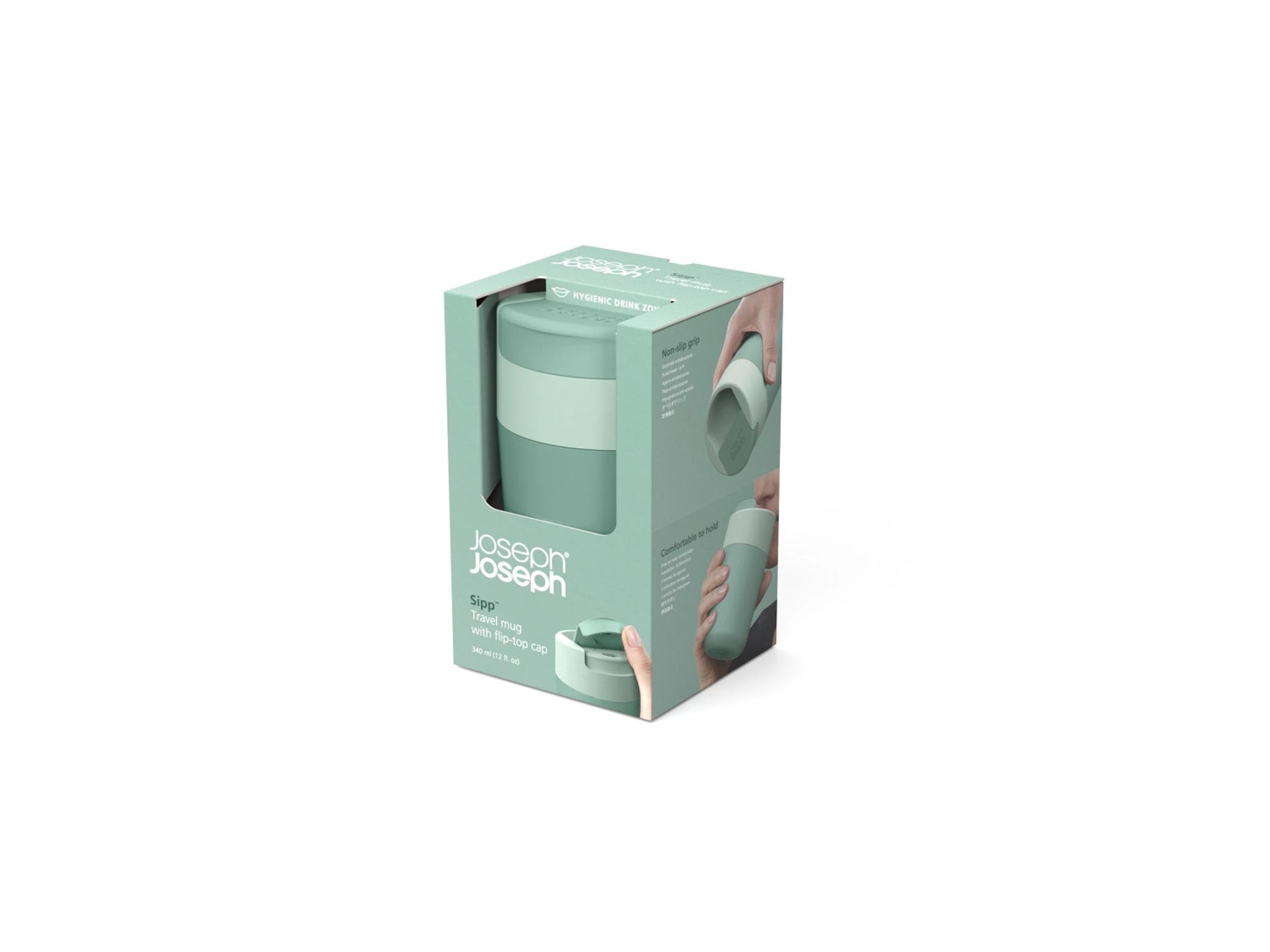 Stilvoller 340ml Sipp Travel Mug in Grün von Joseph Joseph für Reisen.
