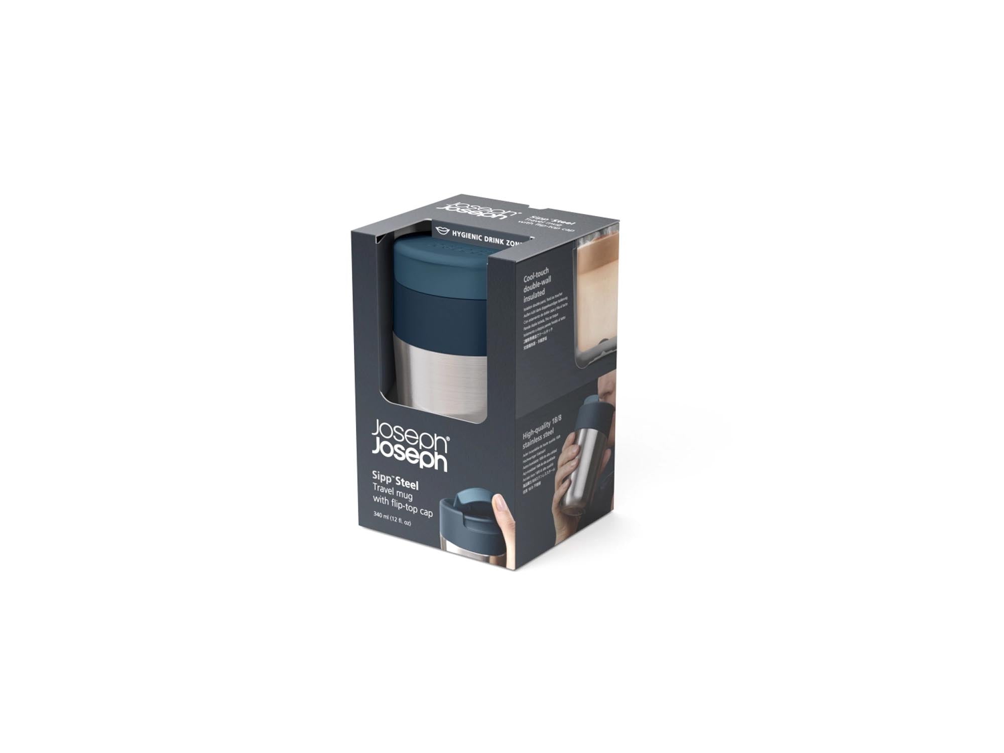 Isolierter 340ml Edelstahl-Reisebecher von Joseph Joseph, auslaufsicher.