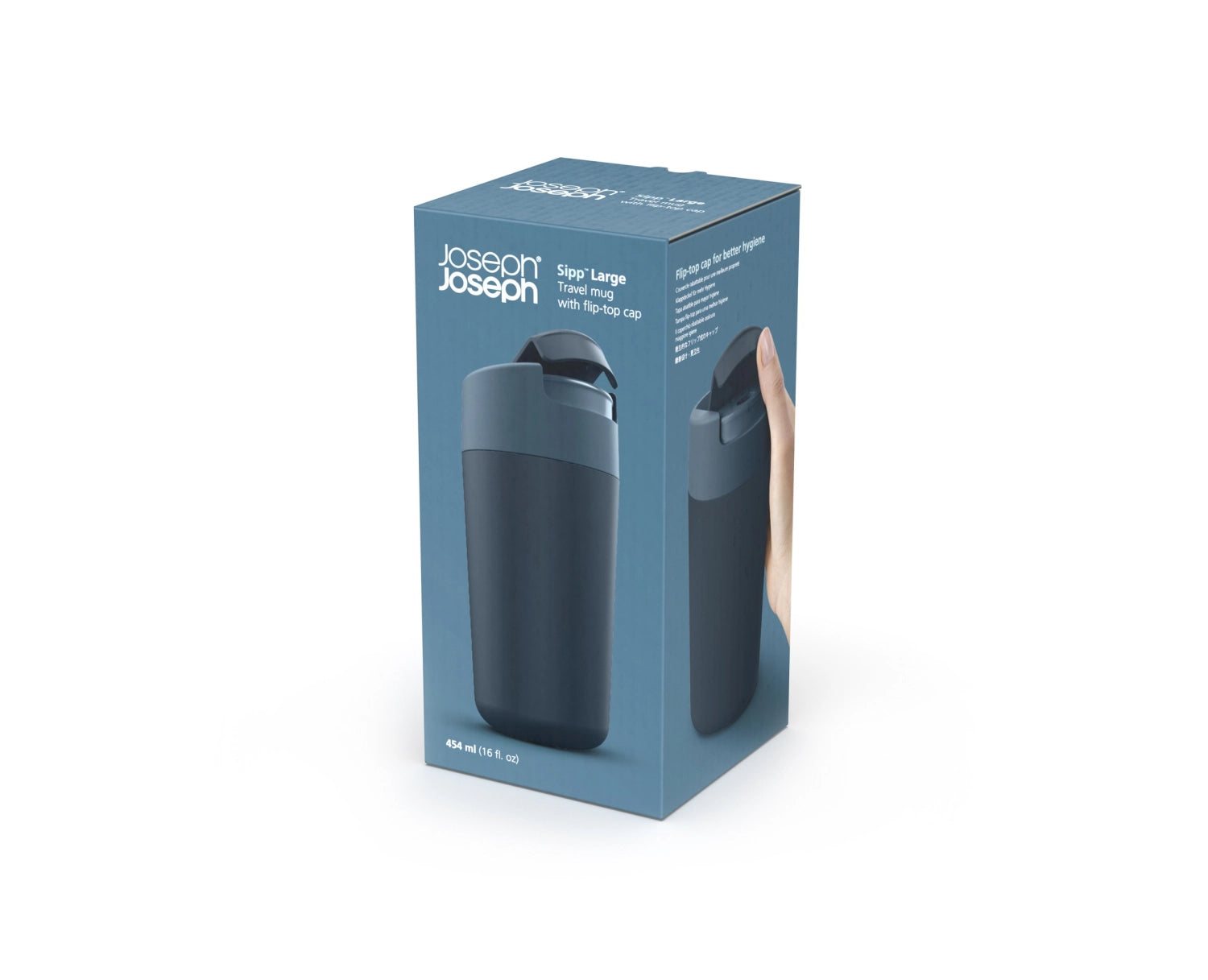 Stylischer Sipp Reisebecher in Blau von Joseph Joseph, 454ml, ideal für unterwegs, mit innovativem Klappdeckel für müheloses Trinken.