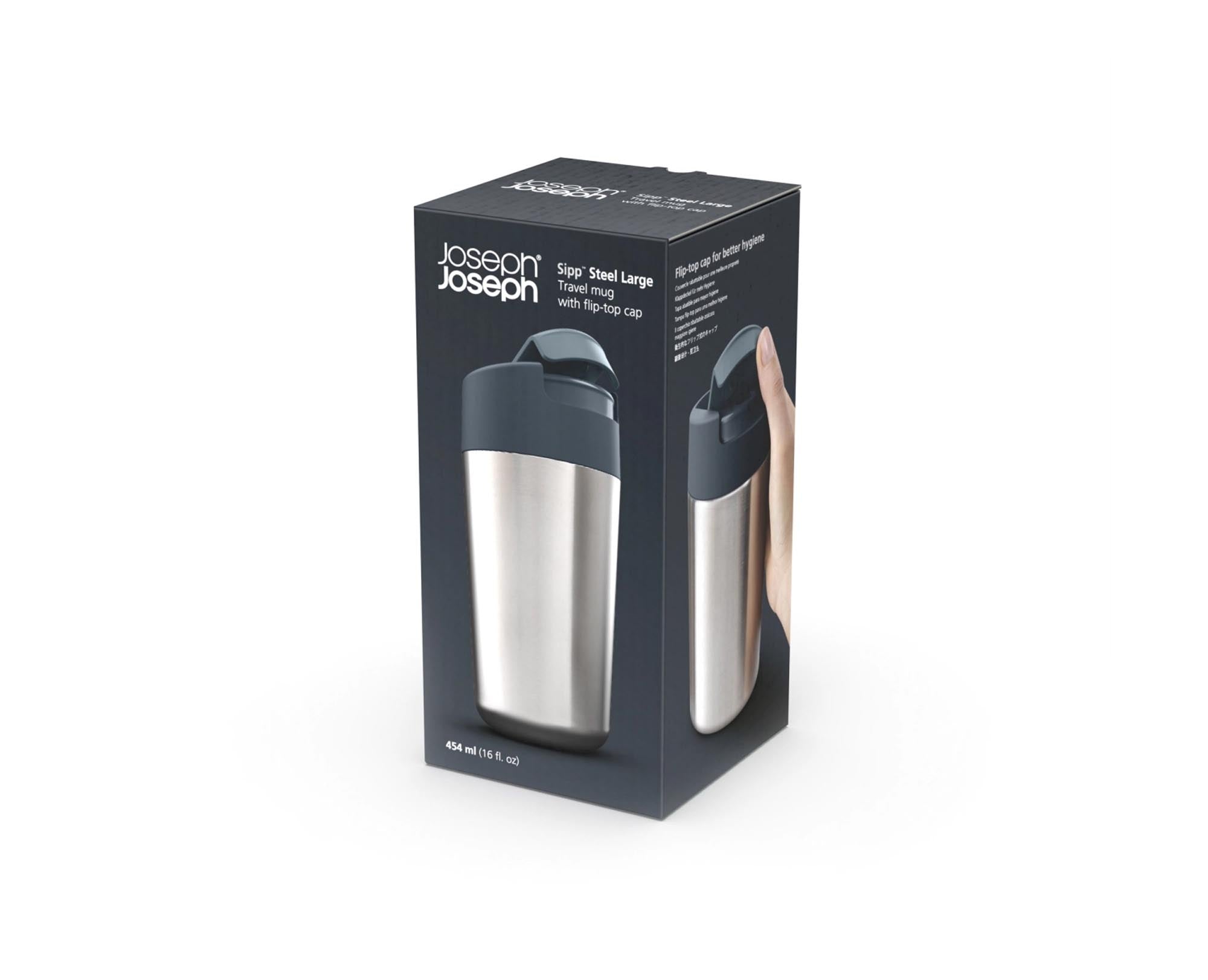 Der Sipp Stahl EdelstahlReisebecher von Joseph Joseph: 454 ml, robust, stilvoll, mit auslaufsicherem Klappdeckel in Anthrazit.