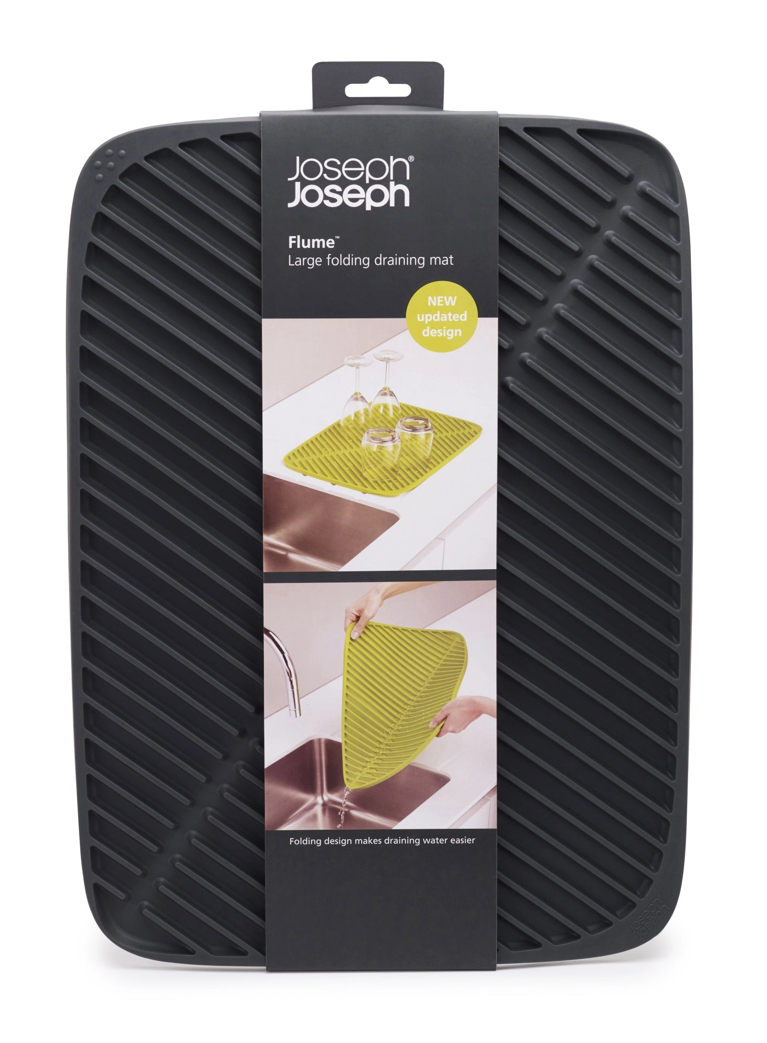 Grau gefärbte Flume Abtropfmatte von Joseph Joseph, groß (31.4x43.4 cm), perfekt für das stilvolle Abtropfen von Geschirr und Besteck.