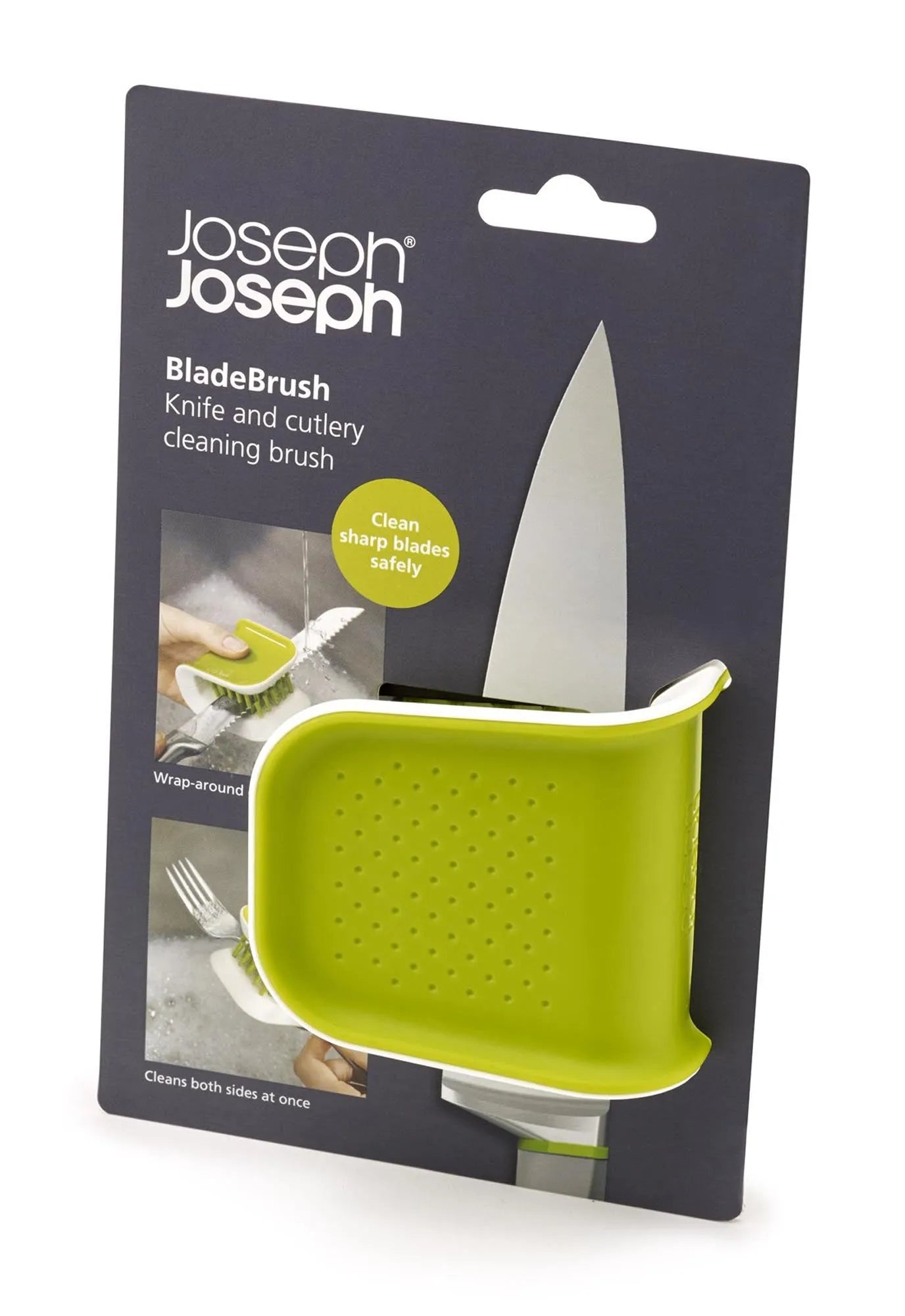 Effiziente Messerpflege mit der grünen BladeBrush von Joseph Joseph.