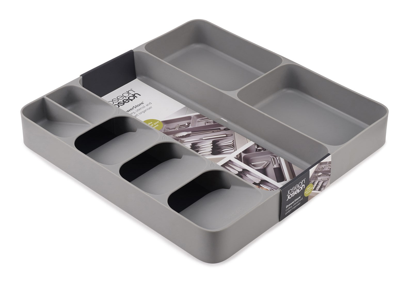 Bringen Sie Ordnung in Ihre Küchenschublade mit der Joseph Joseph DrawerStore Besteckeinlage. Modernes, graues Design für effiziente Aufbewahrung.