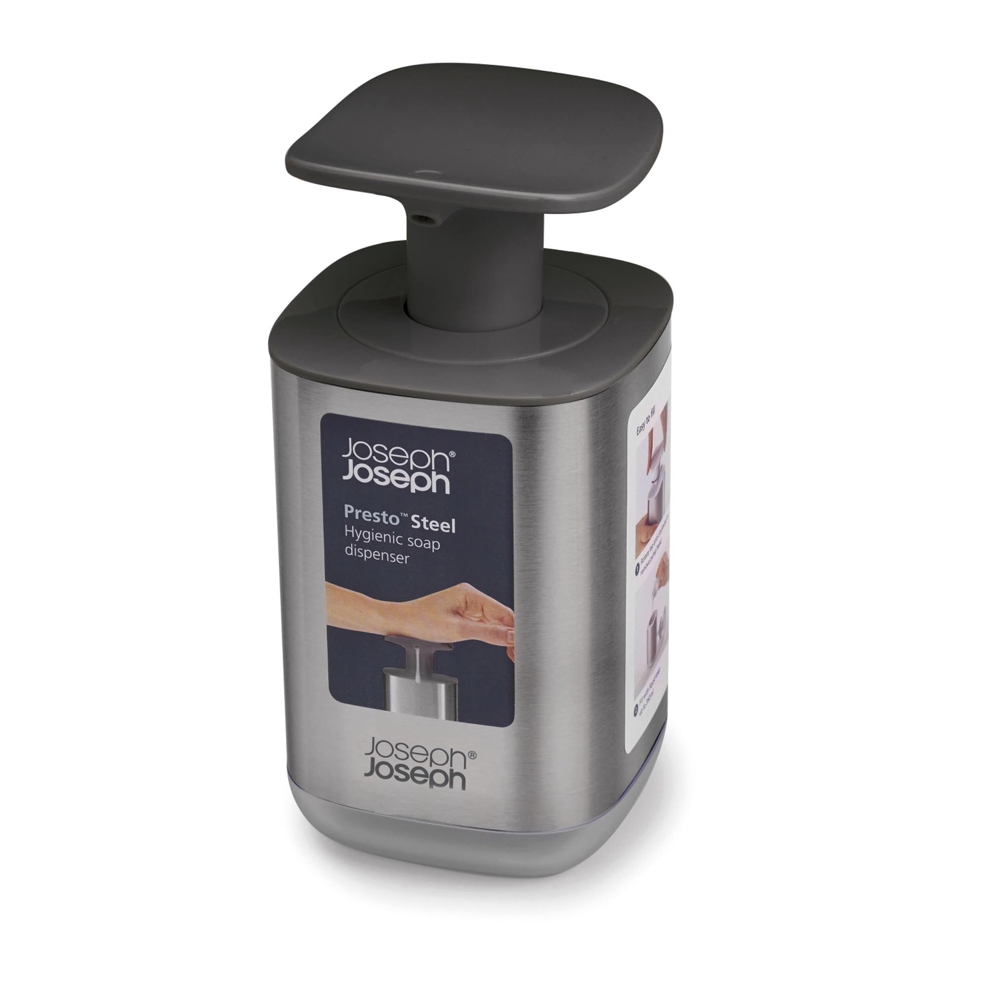 Stilvoller grauer Seifenspender von Joseph Joseph für hygienische Sauberkeit.