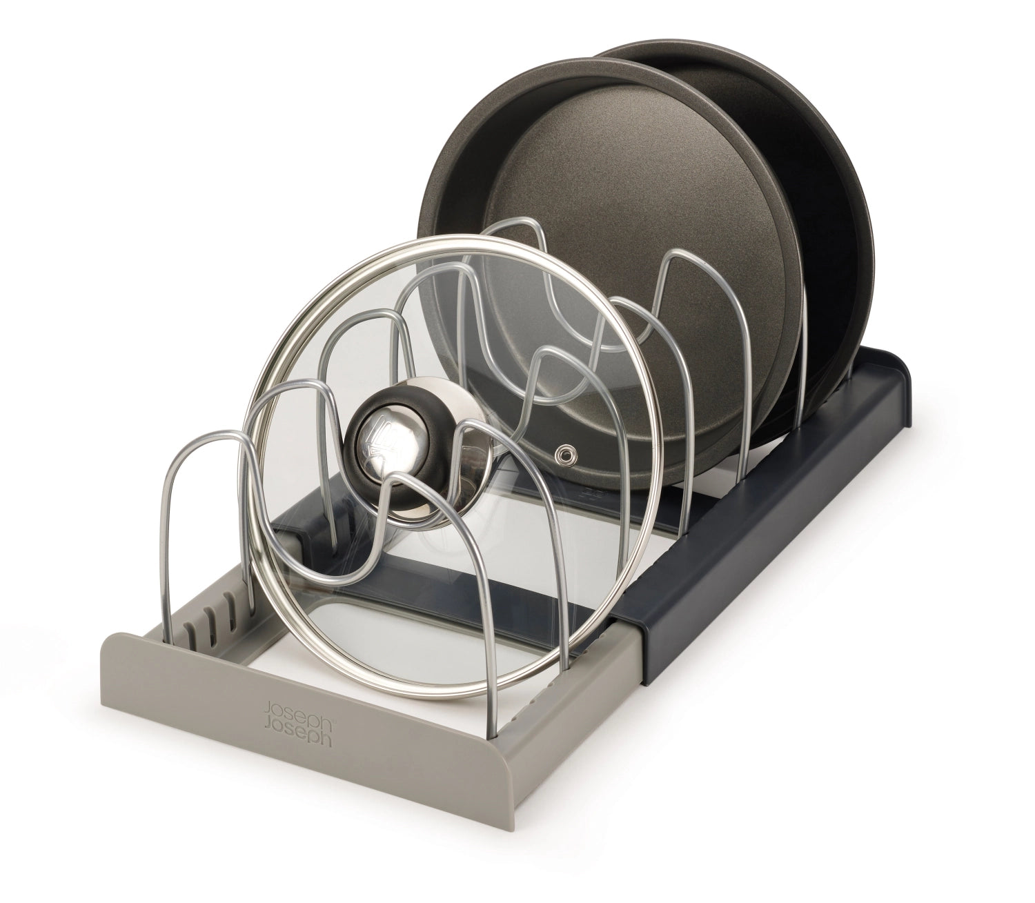 Praktischer und eleganter DrawerStore Organizer in Grau von Joseph Joseph, ideal zur effizienten Organisation von Kochgeschirr und Küchenutensilien.